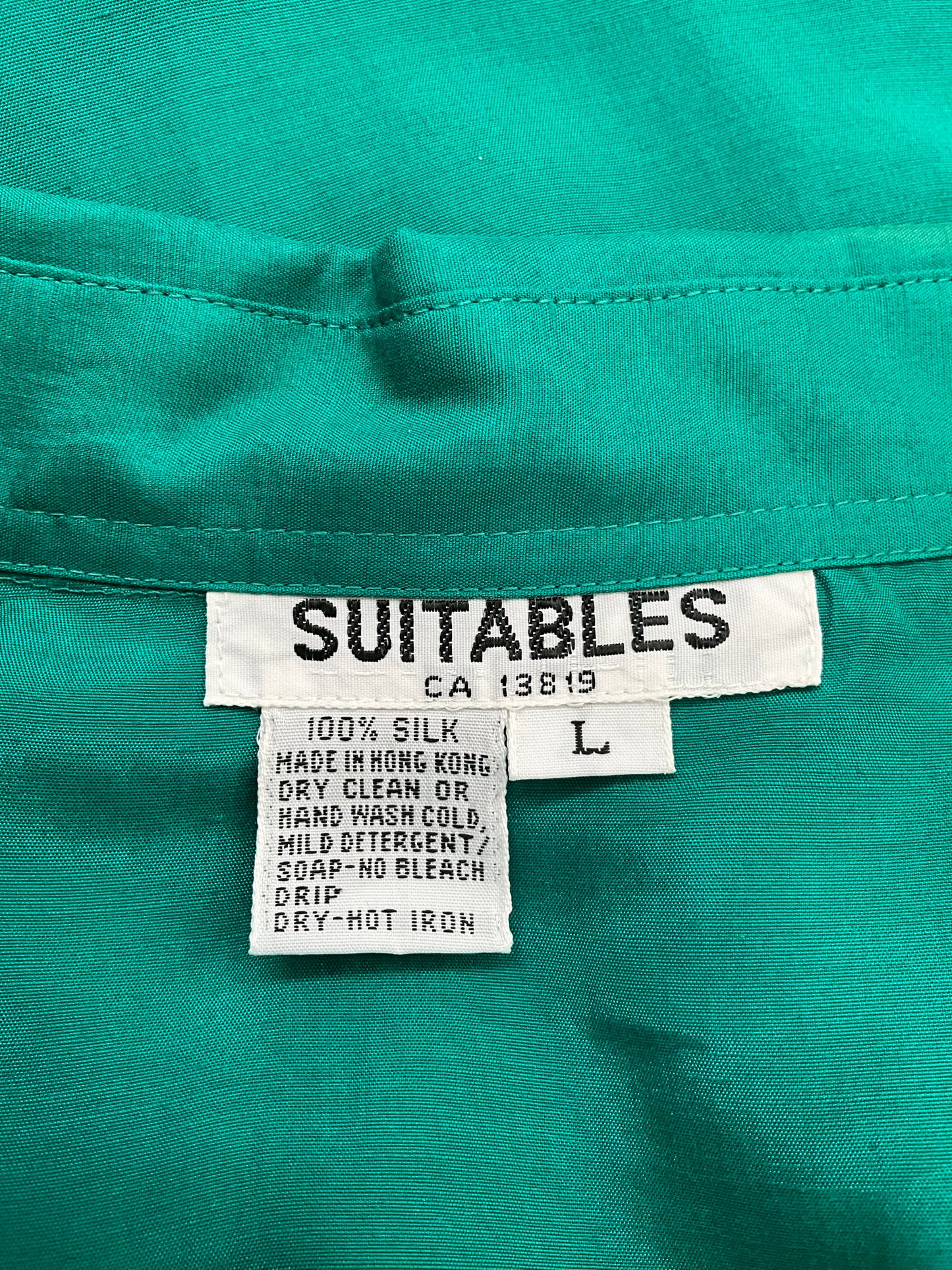 Vintage 1990s Teal Green Button Up Long Sleeve Silk Blouse, Large