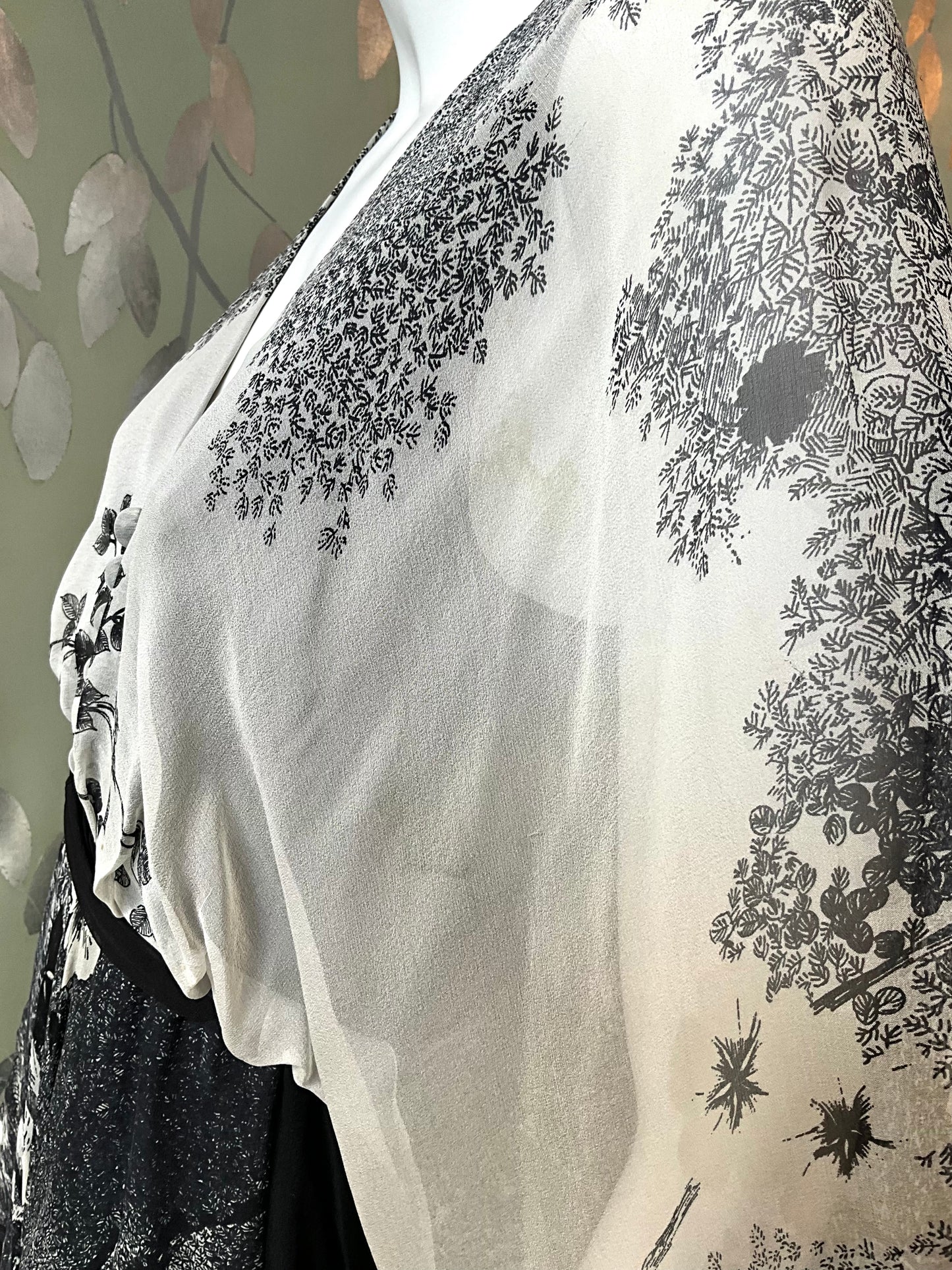 Vintage 1970s Hanae Mori Black and Grey Floral Chiffon Handkerchief Hem Dress, Small