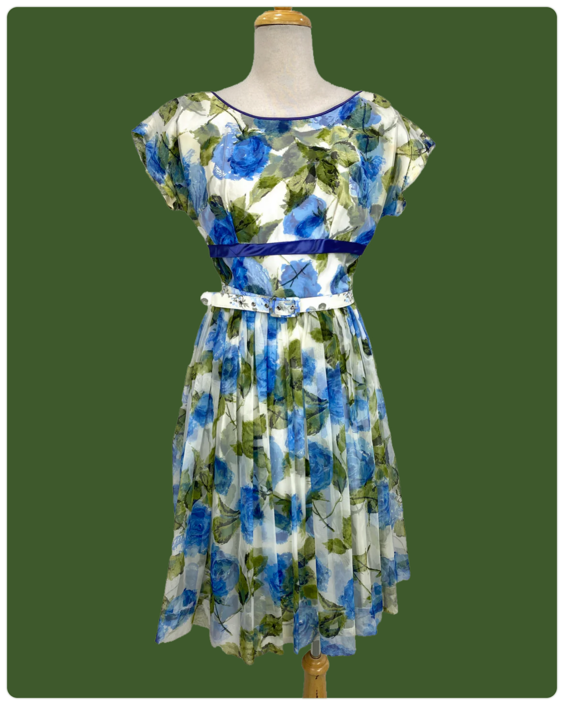Vintage 1950s Blue/ Green Floral Print Rayon Tea Dress with Belt, Small