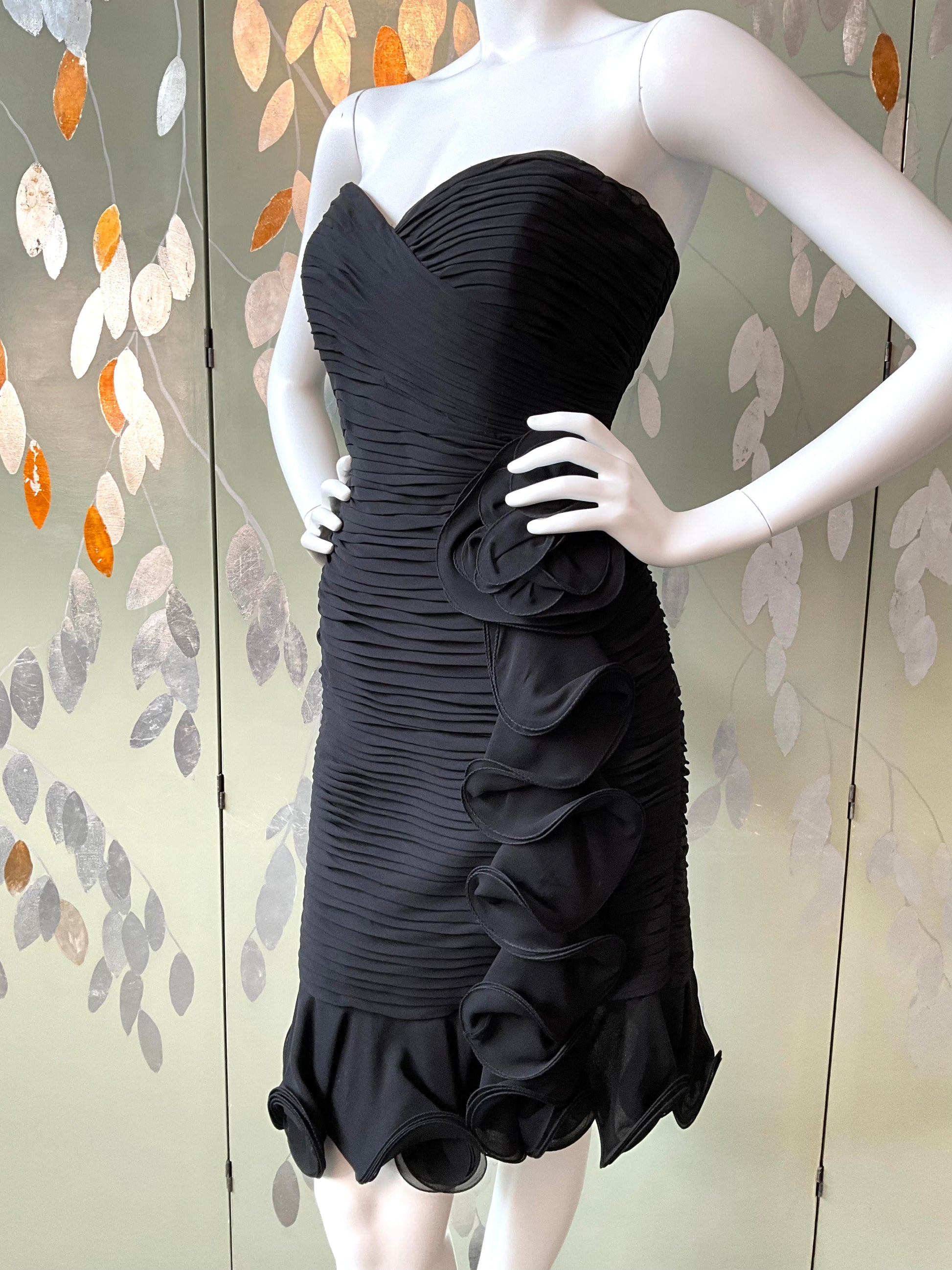Vintage 1980s Black Pleated Chiffon Louis Féraud Dress, Medium 