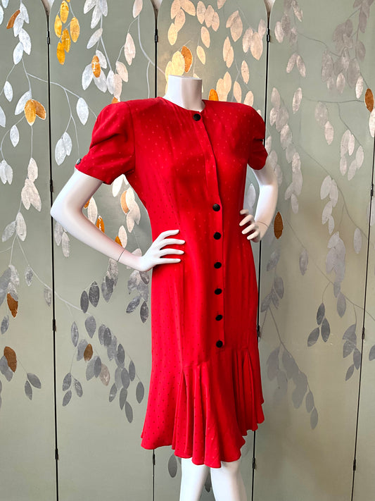 Vintage 1980s Red Louis Féraud Silk Tea Dress, M-L