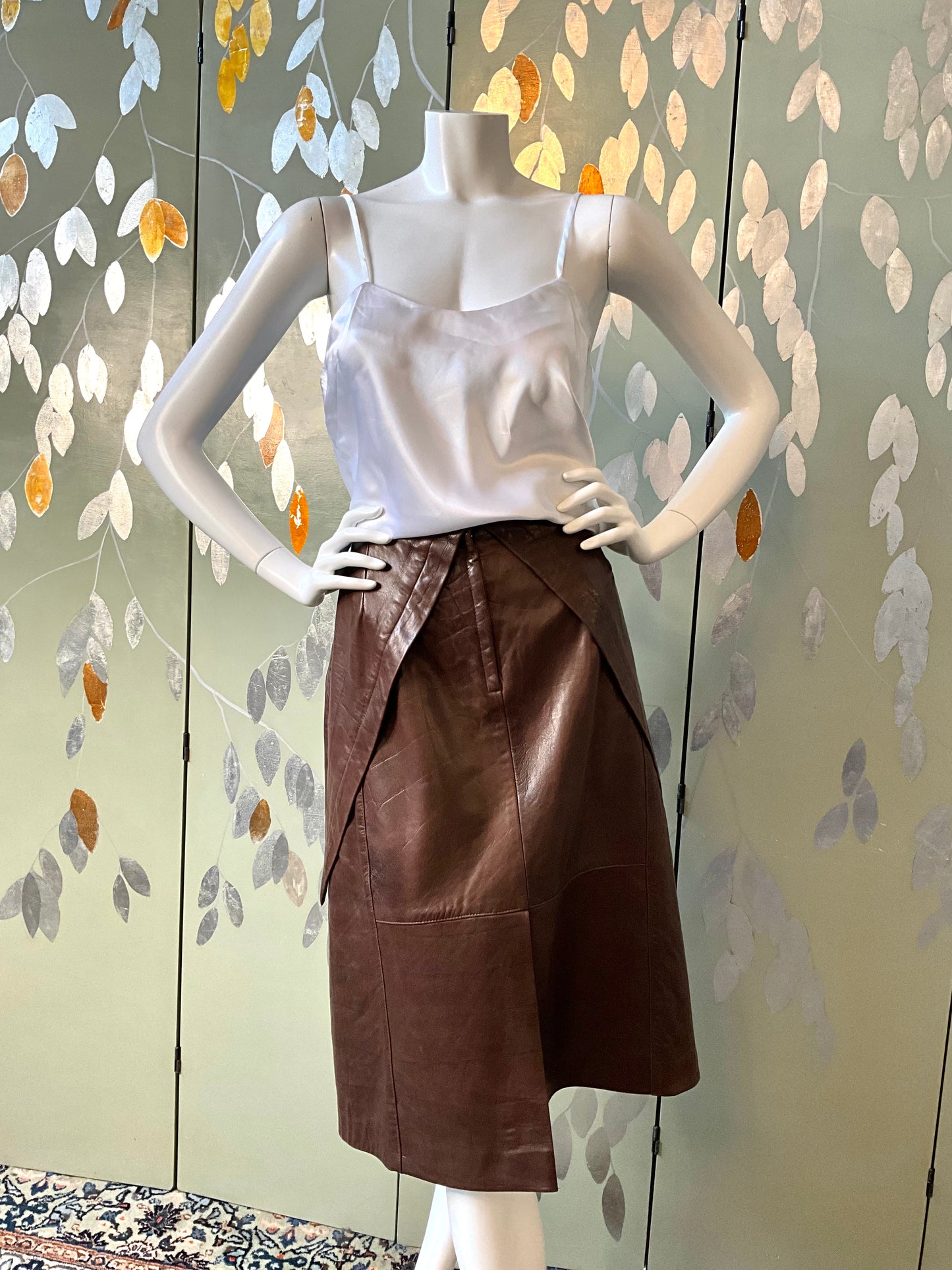 Vintage 1980s Brown Leather Midi Skirt, W32