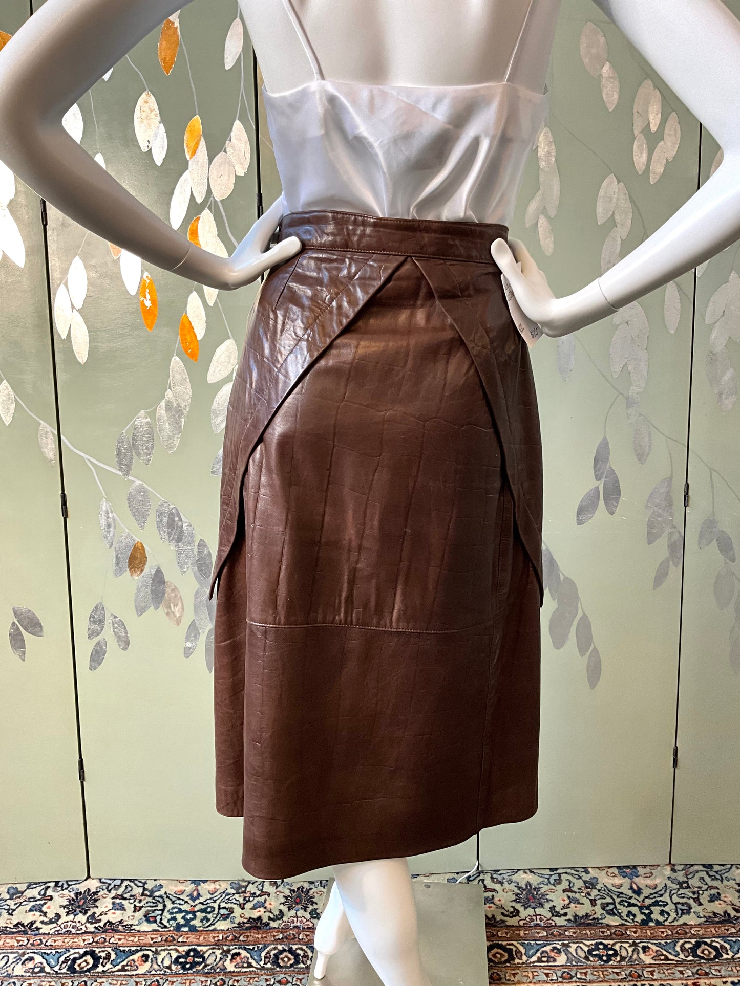 Vintage 1980s Brown Leather Midi Skirt, W32