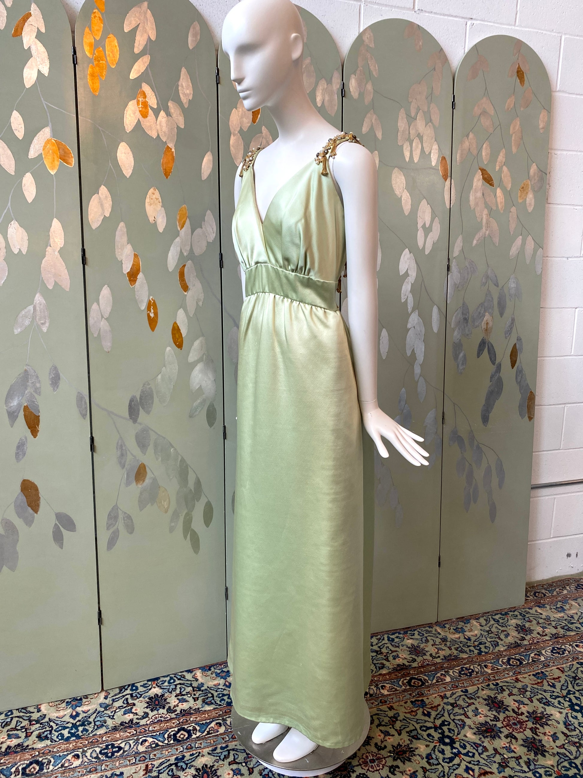 Vintage 1960s Green Satin Beaded Evening Gown, XS-S