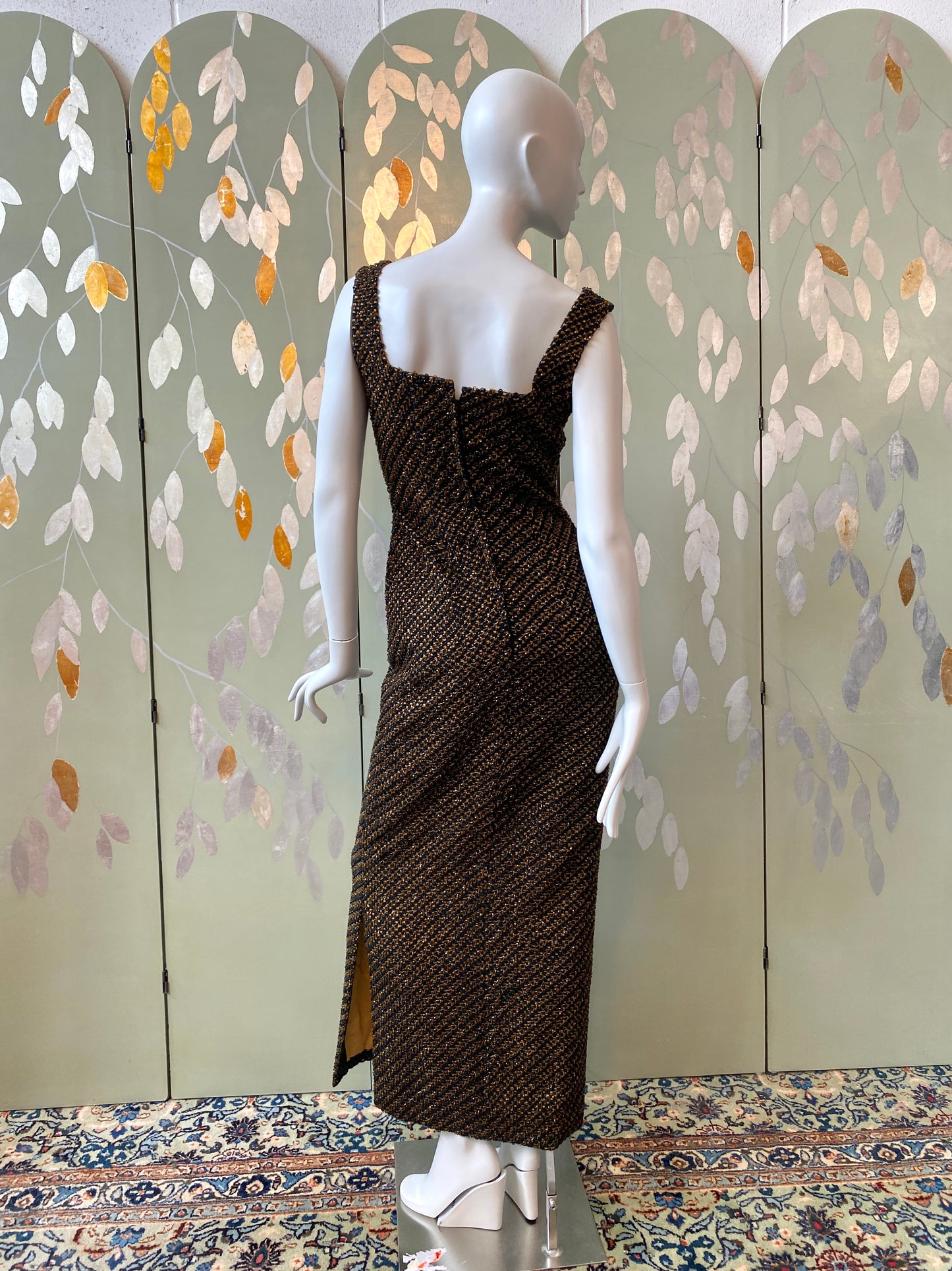 Vintage 1960s Bronze Crochet Beaded Evening Sheath Gown, Small 