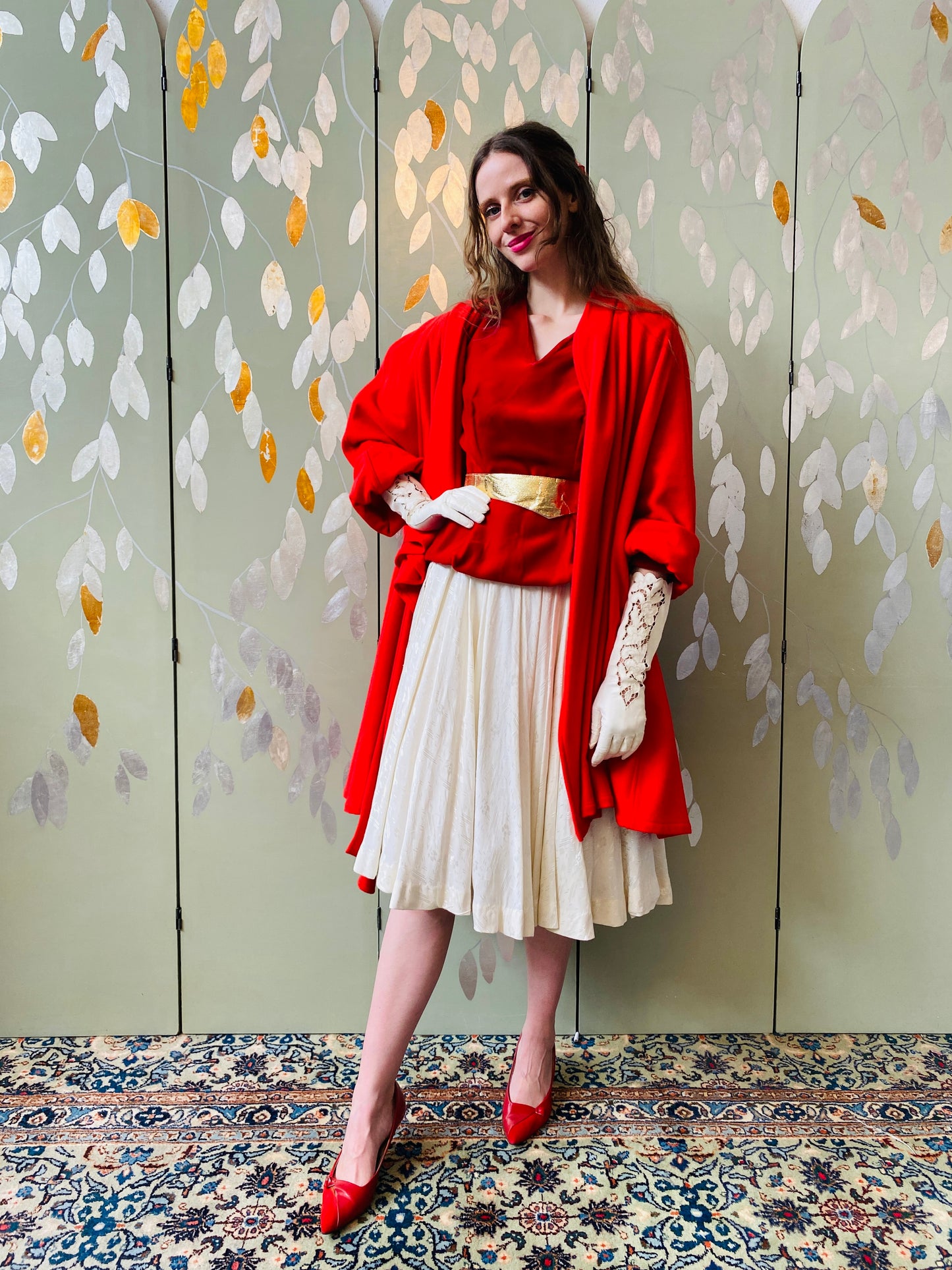 Vintage 1950s White Jacquard Tea Dress with Full Skirt, Small. Red Flare Barbie 1962-65. Silken Flame Silkstone Barbie.