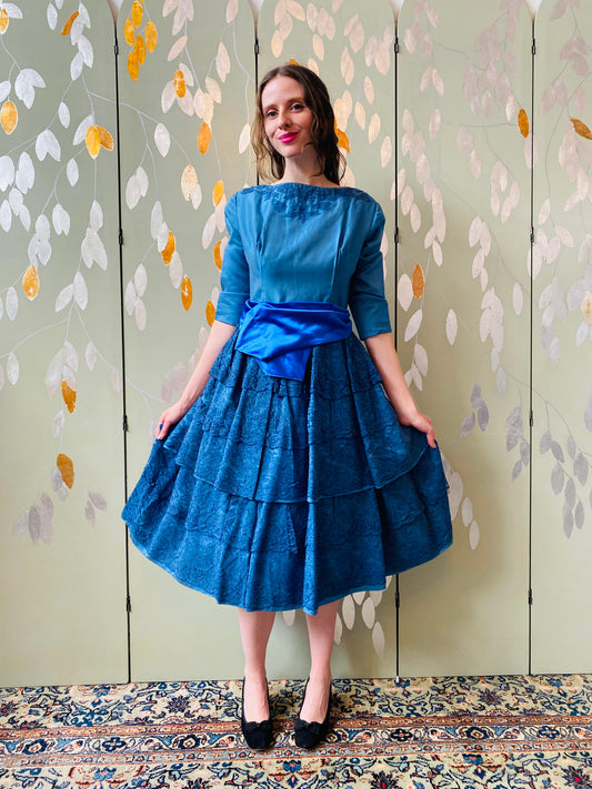 Vintage 1950s Blue Tiered Cocktail Dress, Small. Let's Dance Barbie 1960. 