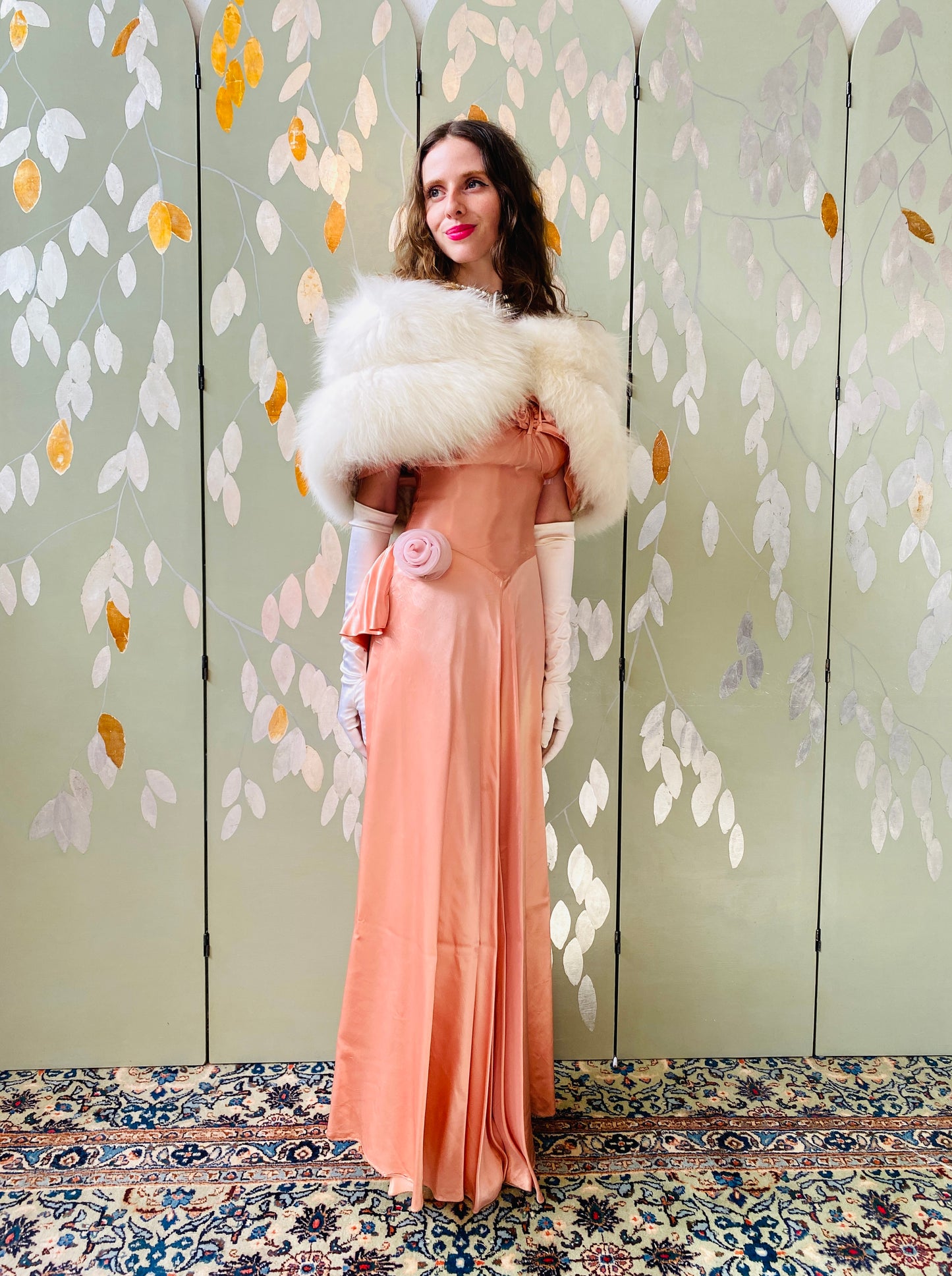 Vintage 1940s Dusky Pink Liquid Satin Gown, XS. Enchanted Evening Barbie 1960.