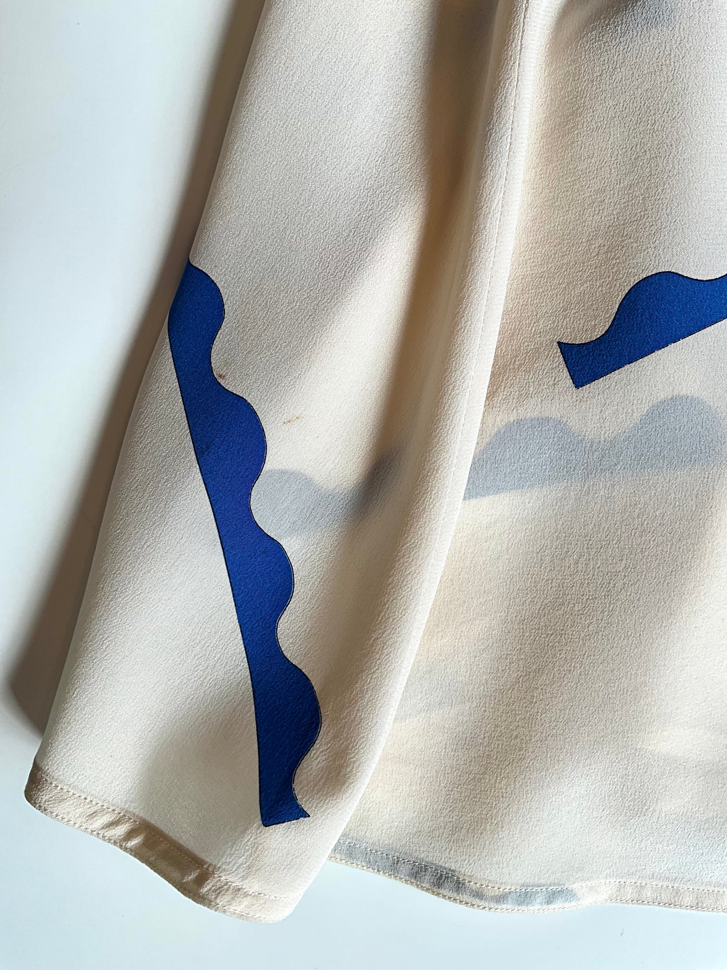 Vintage 1980s Chloe Ivory and Blue Printed Silk Blouson Wrap Dress, Small