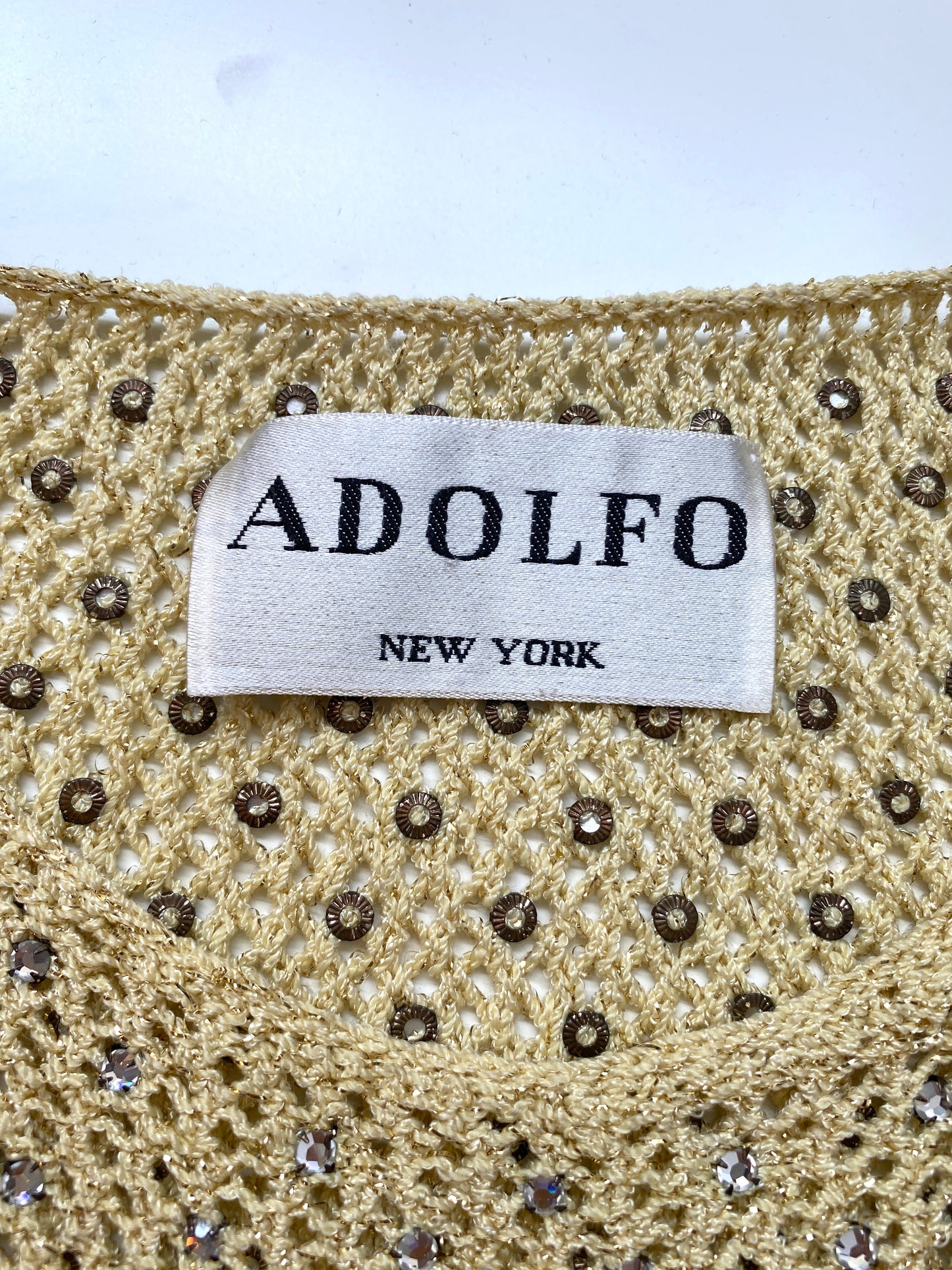 Vintage 1970s Adolfo Yellow Sparkly Rhinestone Crochet Top, Small- Med