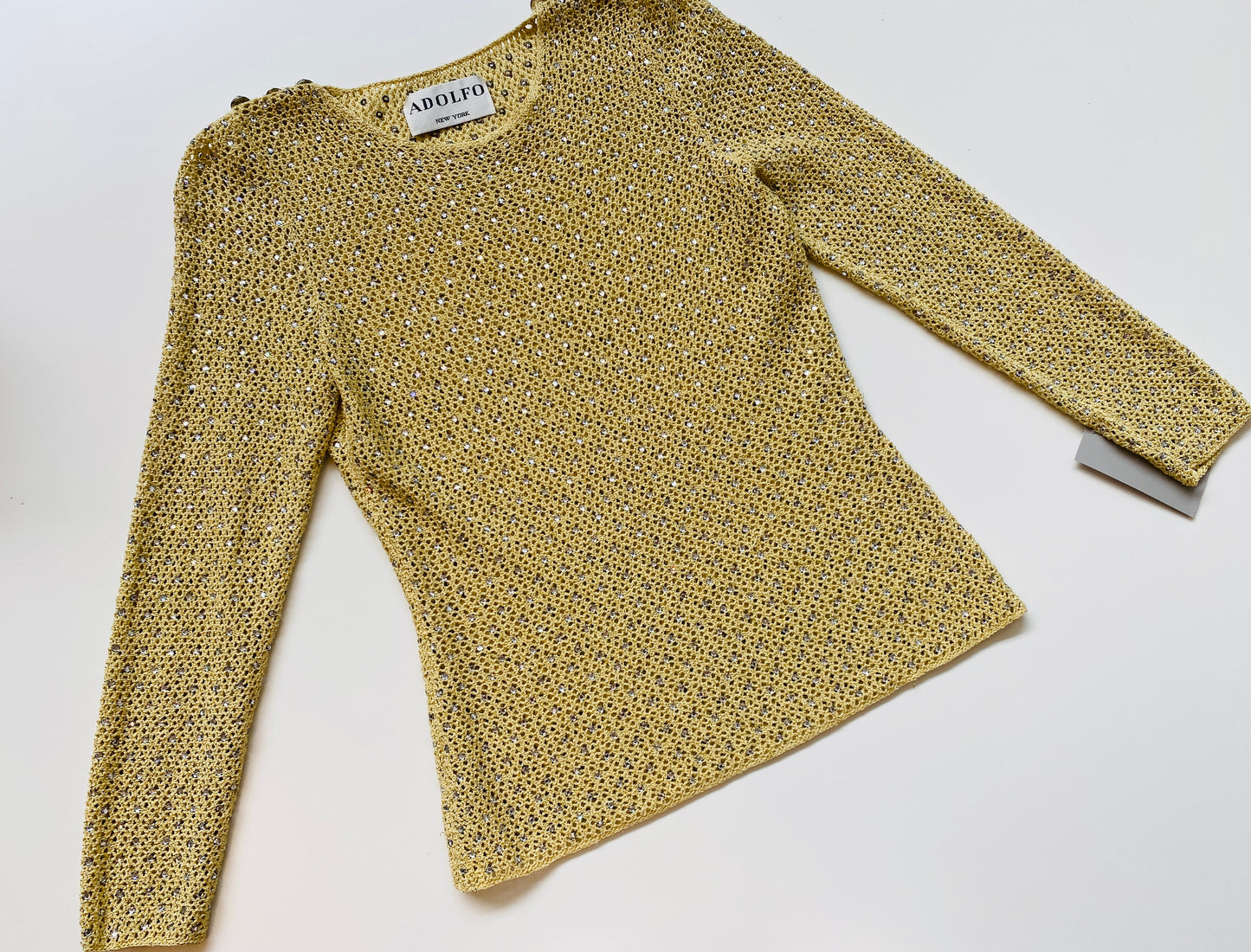 Vintage 1970s Adolfo Yellow Sparkly Rhinestone Crochet Top, Small- Med