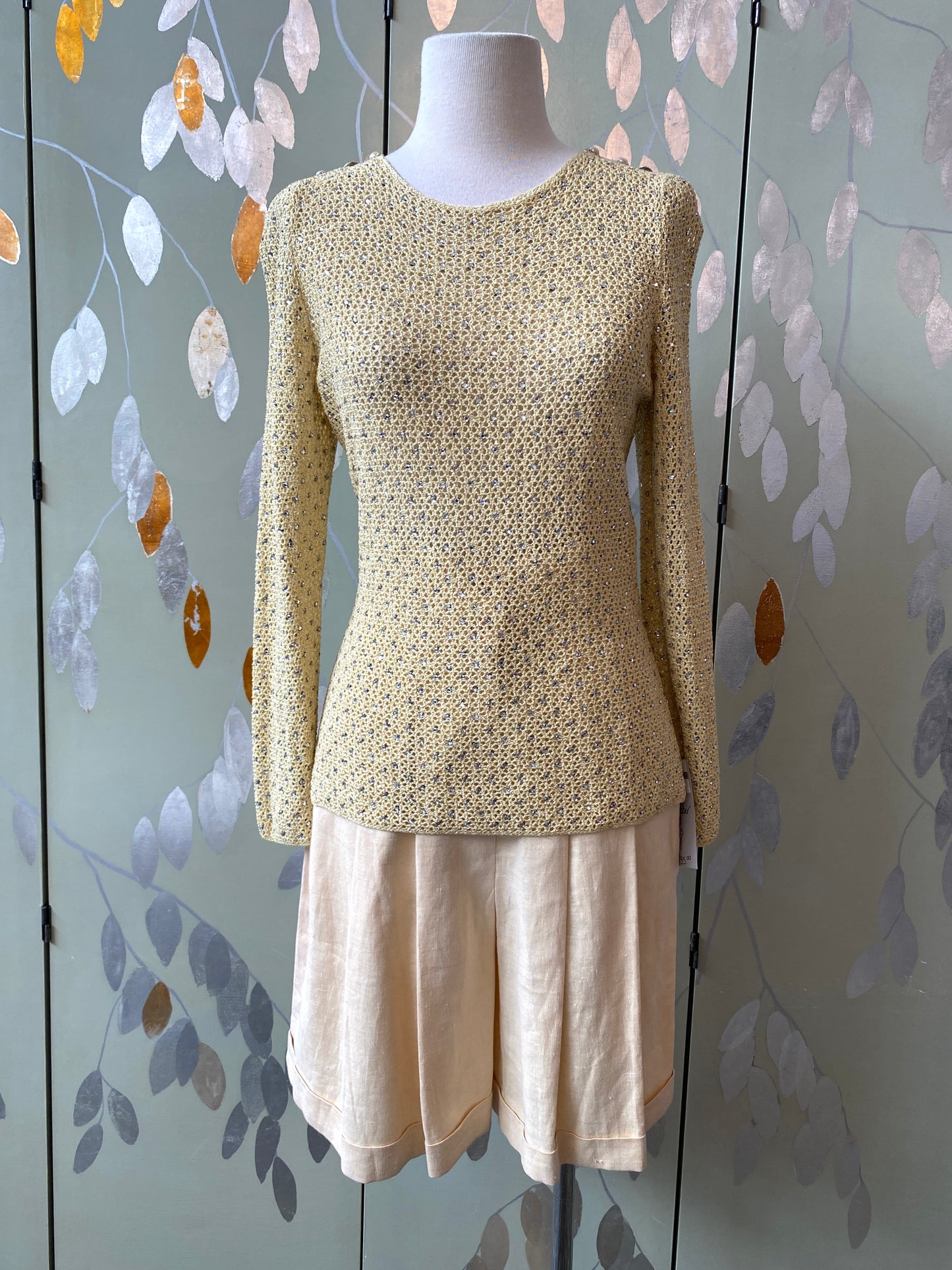 Vintage 1970s Adolfo Yellow Sparkly Rhinestone Crochet Top, Small- Med