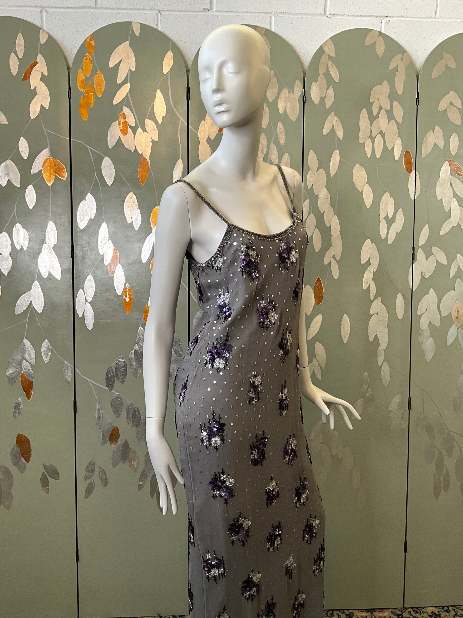 Vintage 1990s Grey Silk Sequinned Evening Dress, Small