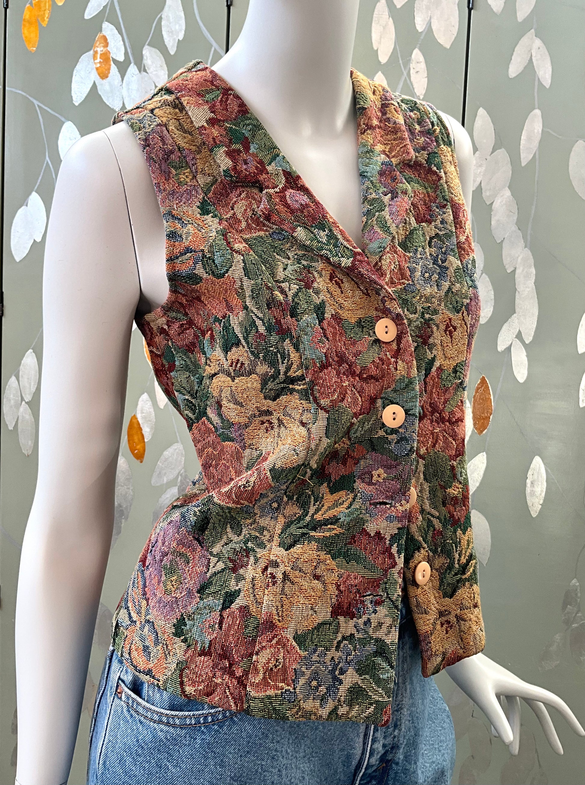 Vintage 1990s Floral Tapestry Waistcoat, Small 