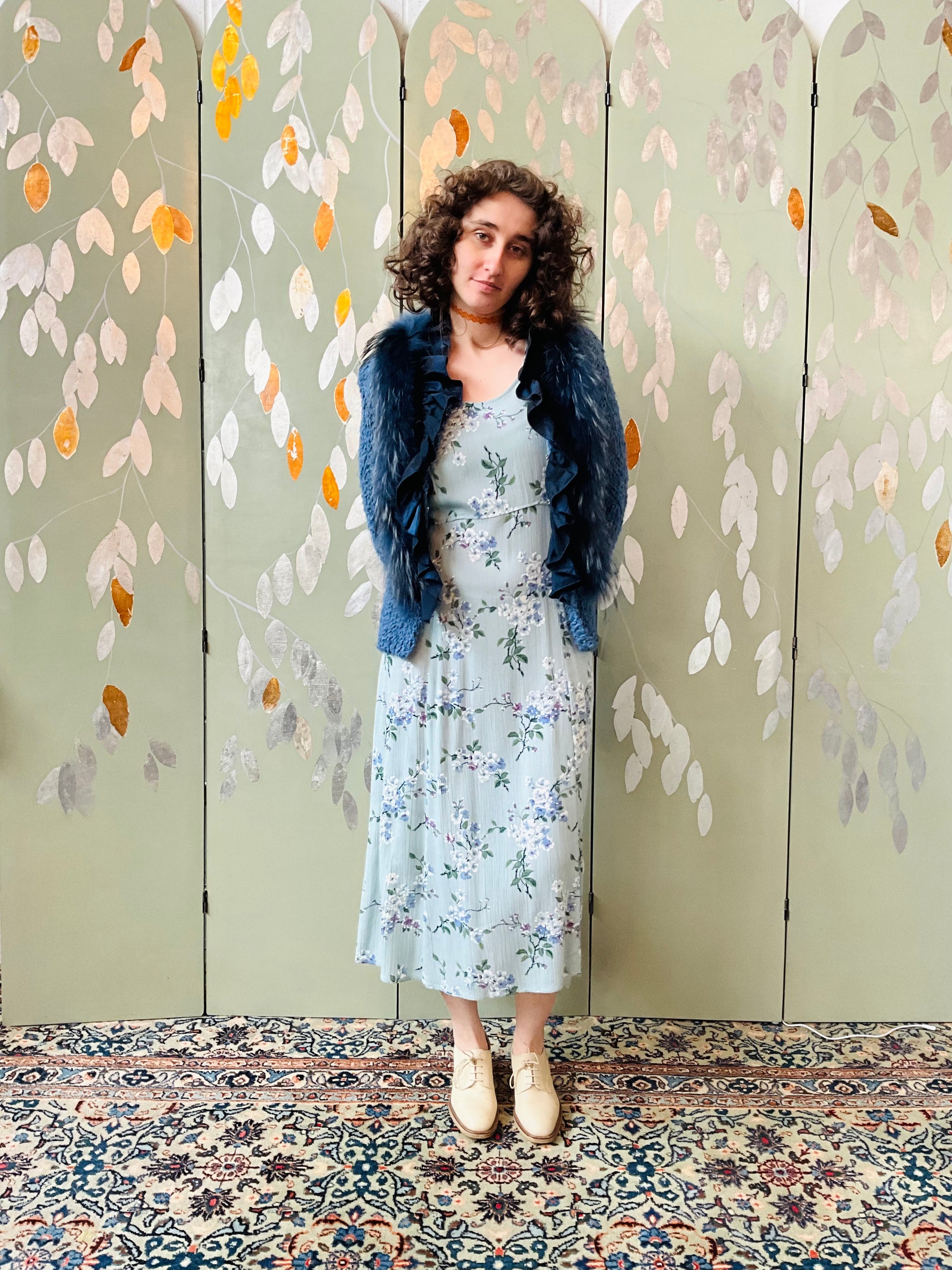Vintage 1990s Blue Floral Rayon Dress, Large