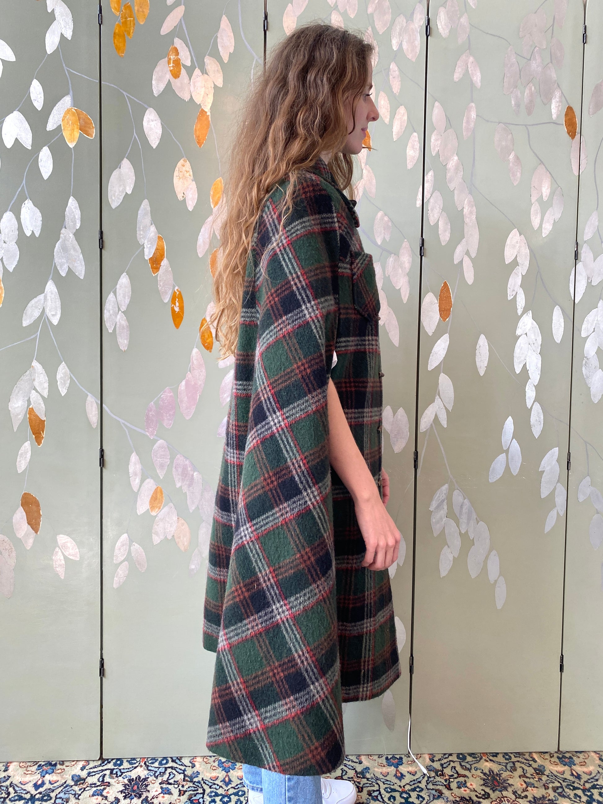 Vintage 1970s Green & Red Plaid Wool Cape