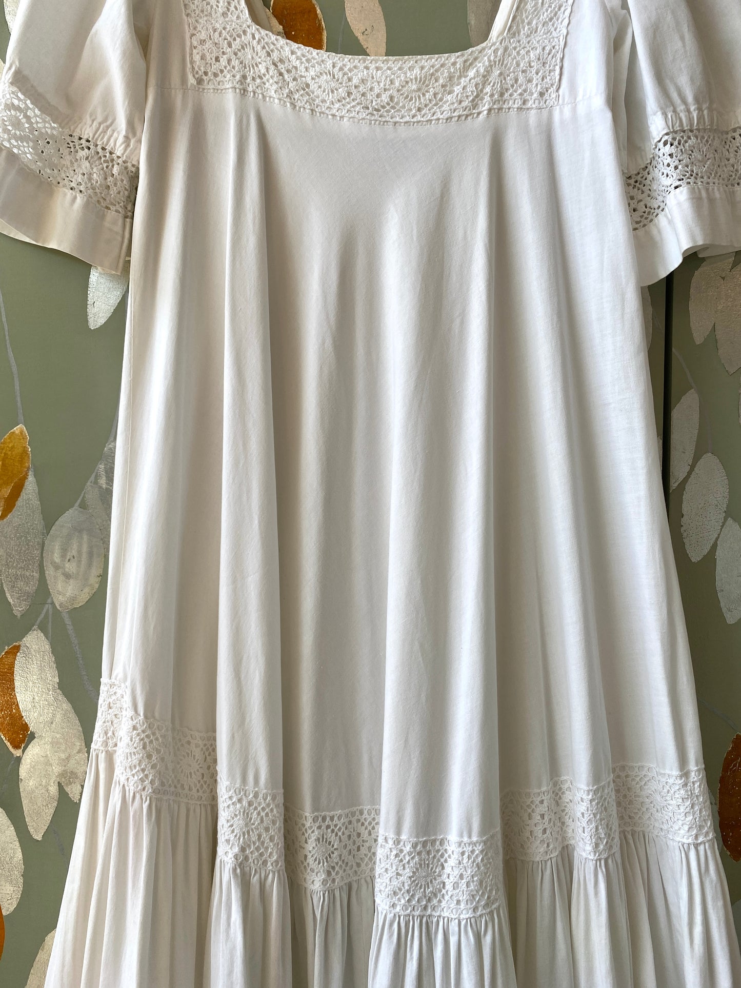 Vintage 1970s White Cotton Crochet Laura Ashley Maxi Dress, XS
