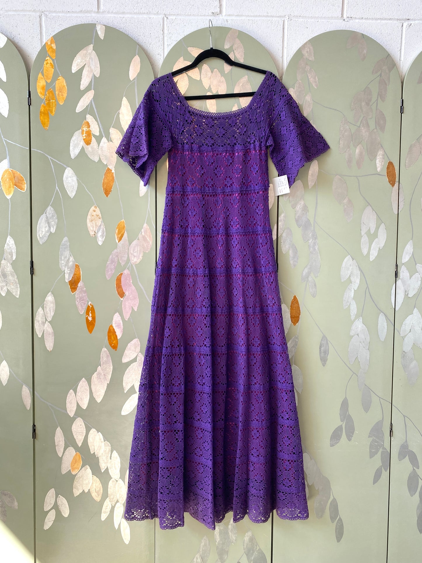 Vintage 1970s Purple Cotton Lace Tachi Castillo Mexican Maxi Dress, XS