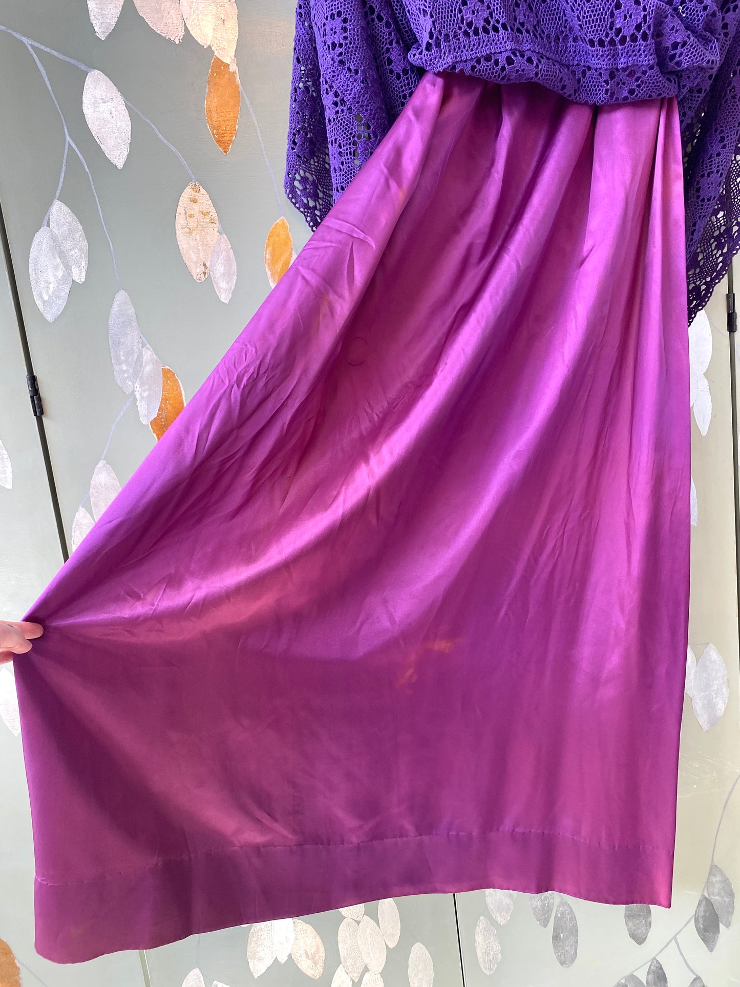 Vintage 1970s Purple Cotton Lace Tachi Castillo Mexican Maxi Dress, XS