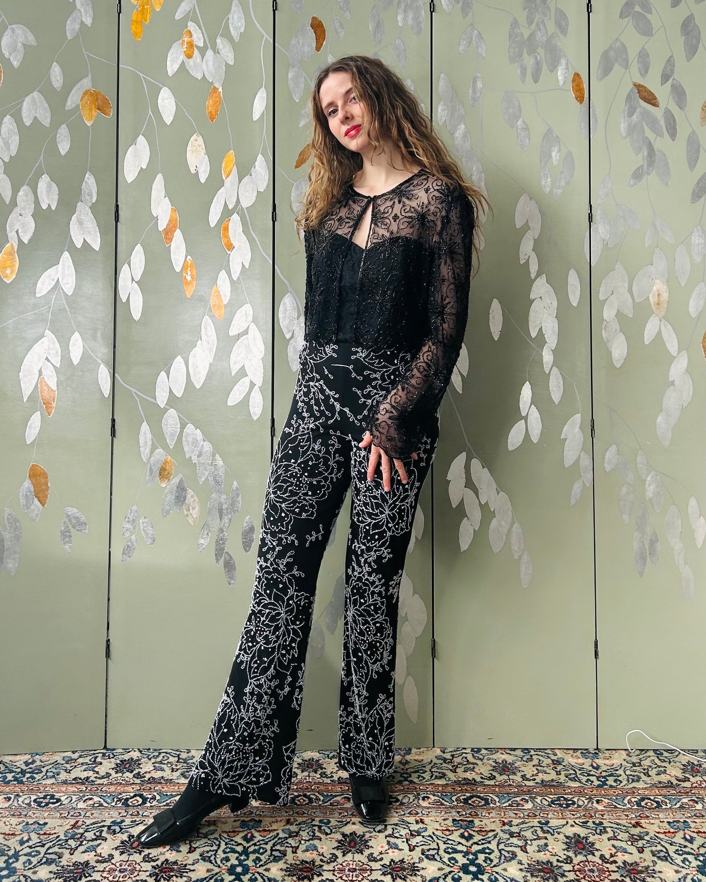 y2k silver beaded flower design sequinned black pants kick flares with stretch