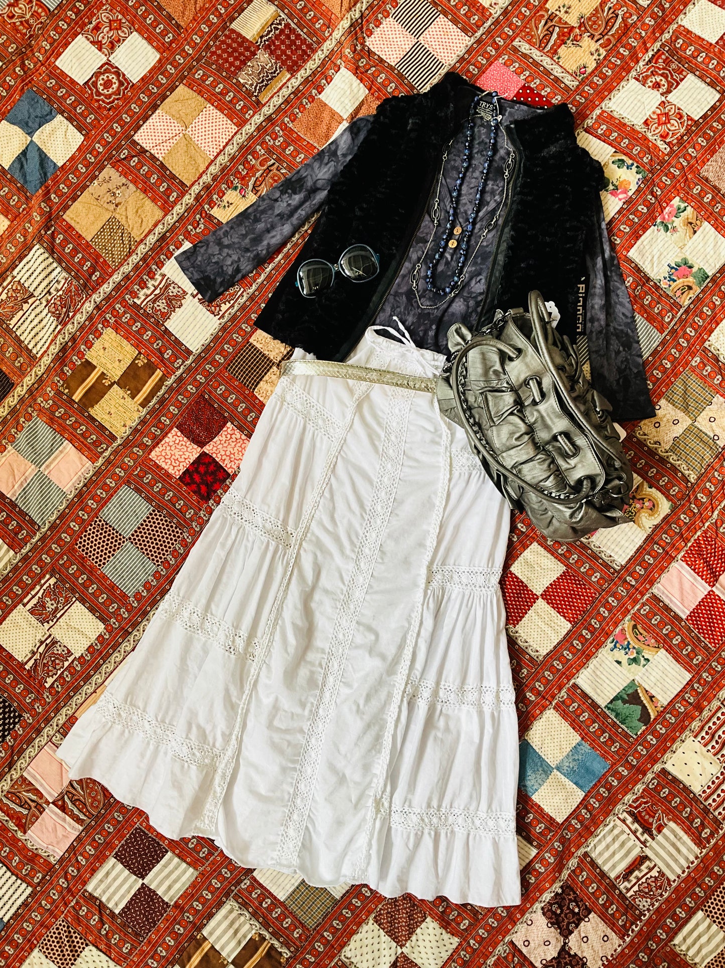 Vintage 2000s White Cotton Crochet Boho Maxi Skirt, Medium