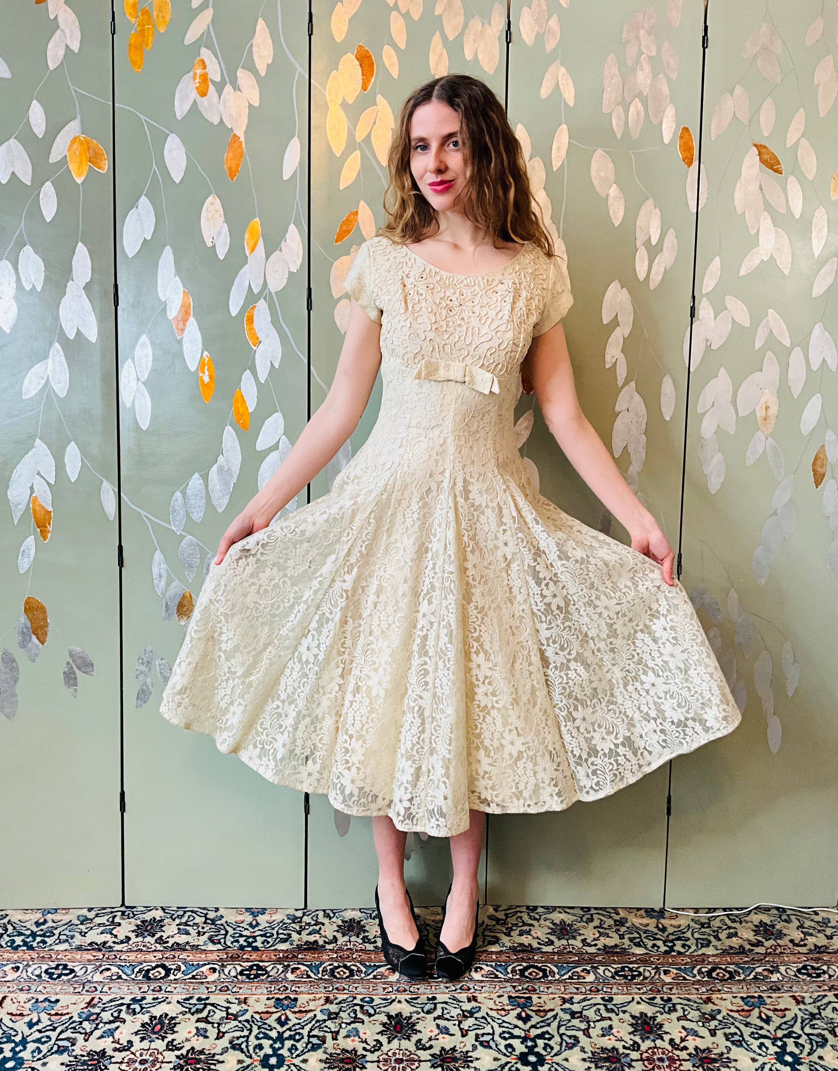 Vintage 1950s Cream Lace Cocktail Dress with Embellished Bodice, B34" Vintage 1950s Cream Lace Cocktail Dress with Embellished Bodice, B34"