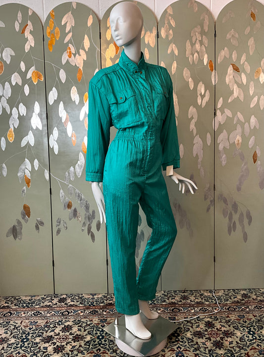 Vintage 1980s Teal Green Nylon Jumpsuit, Medium 