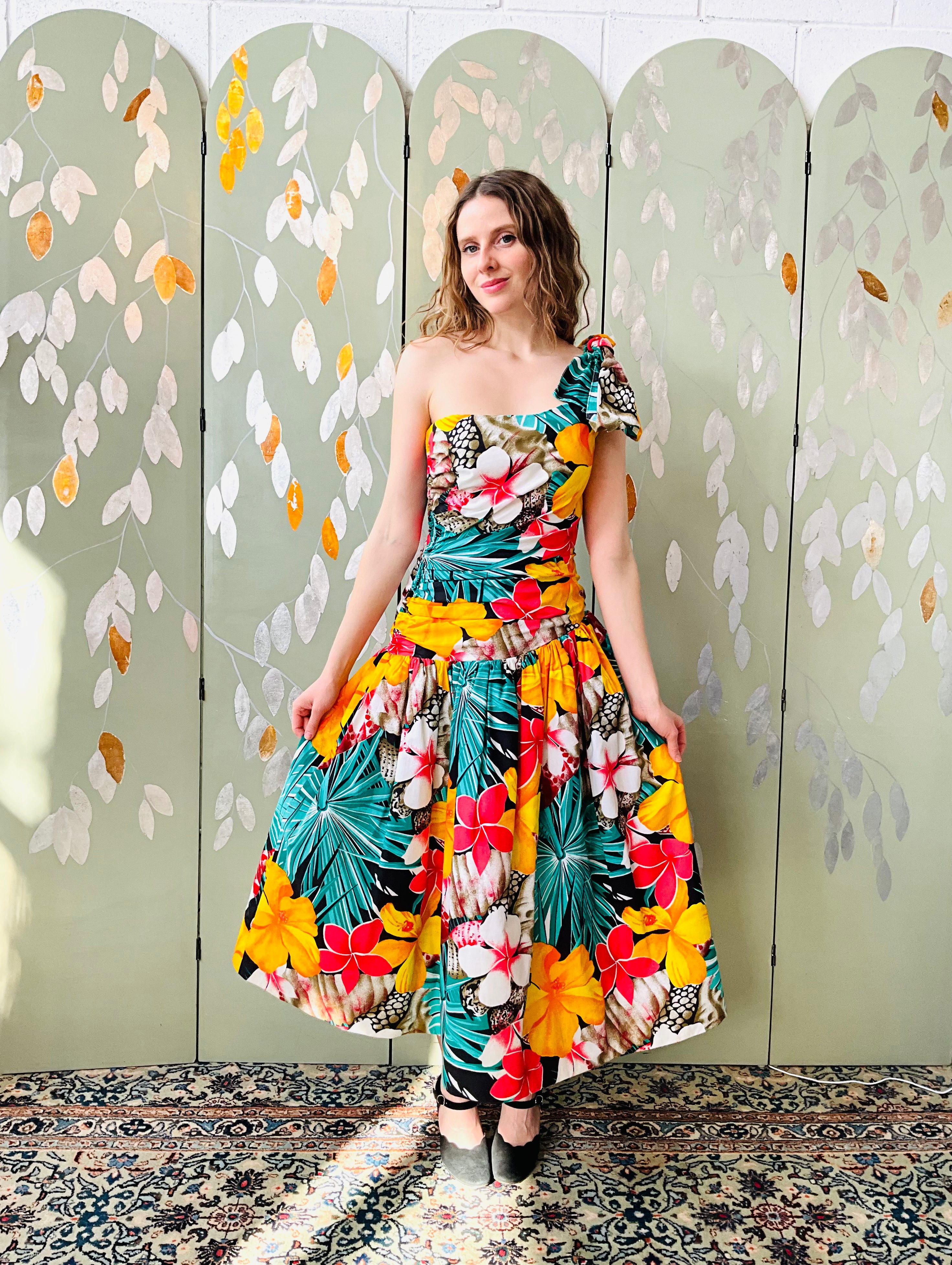 Vintage 1980s Tropical Floral Party Dress, Small Vintage 1980s Tropical Floral Party Dress, Small