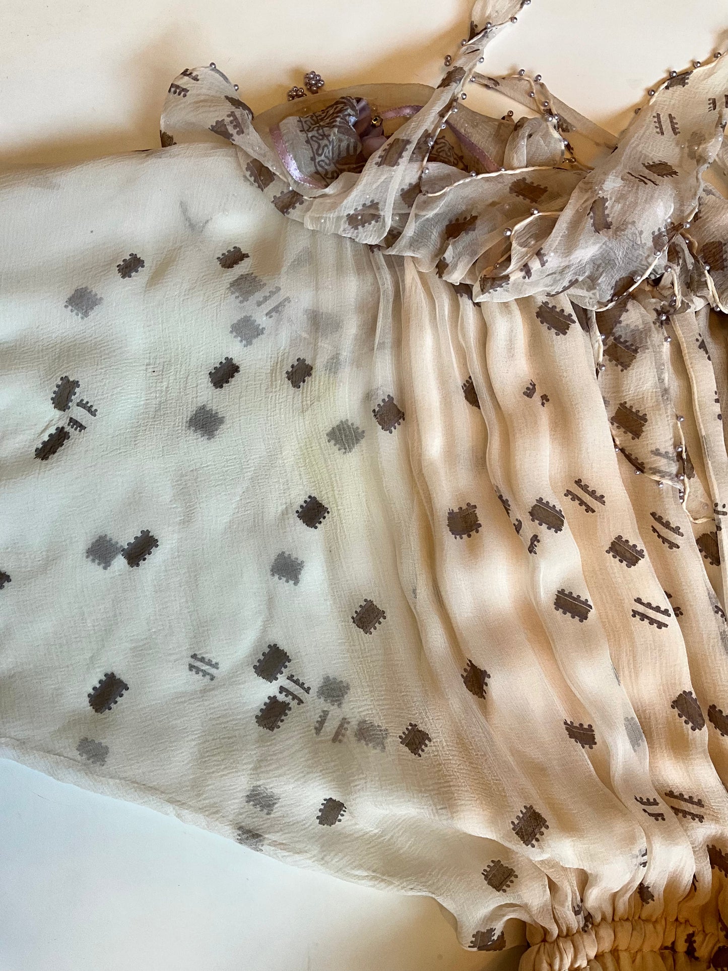 Vintage 1980s Zandra Rhodes Cream Chiffon Printed Maxi Dress, Medium