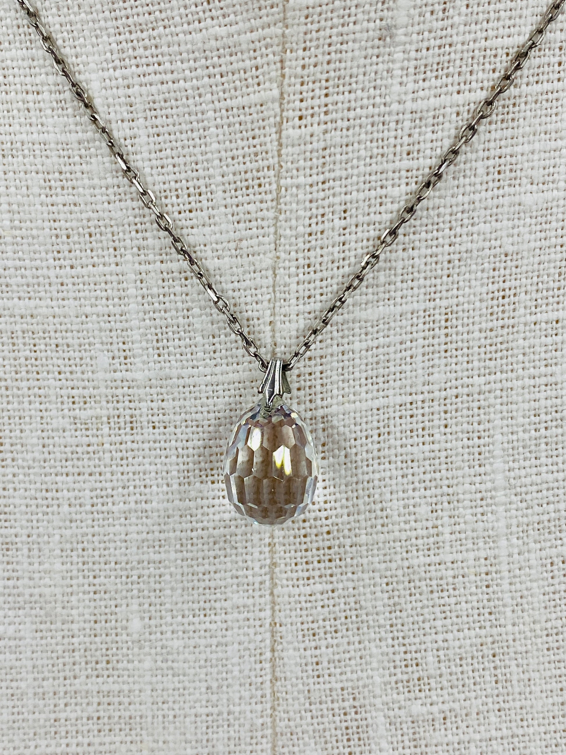 Vintage 1930s Dainty Silver Necklace with Crystal Teardrop Pendant 