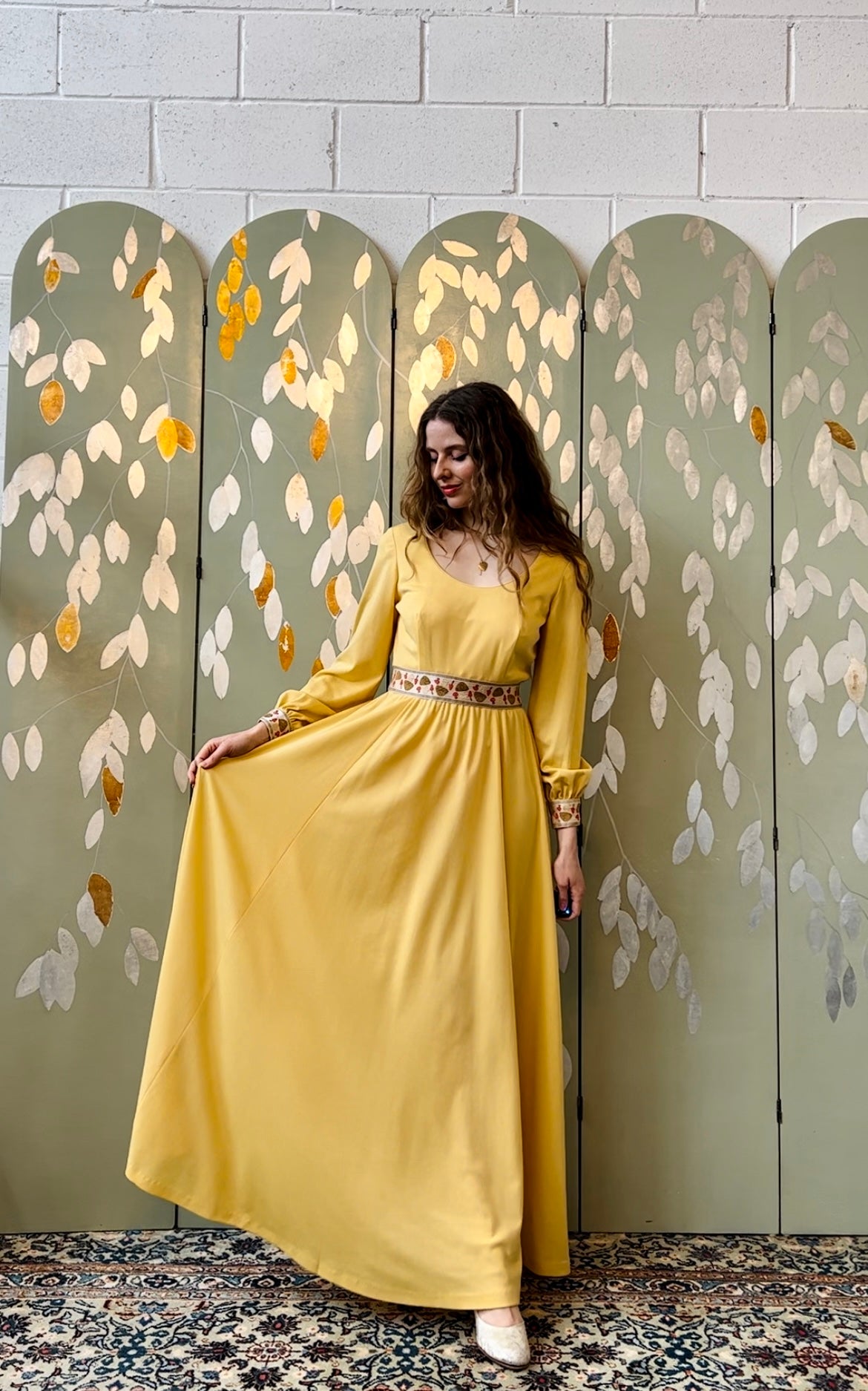 1970s Yellow Mushroom Trim Maxi Dress, Small Ian Drummond Vintage 1970s Yellow Mushroom Trim Maxi Dress, Small Ian Drummond Vintage