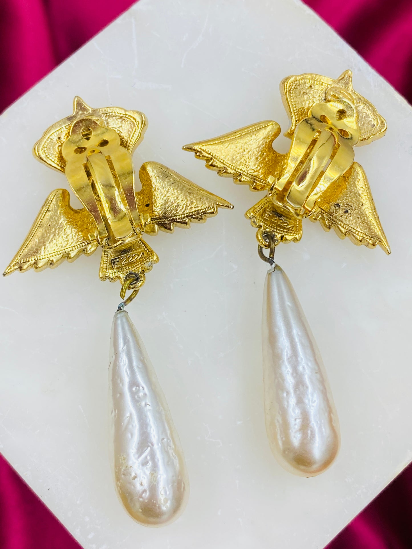Vintage Butler & Wilson Gold Crown, Eagle Wings, Pearl Drop Clip-On Earrings