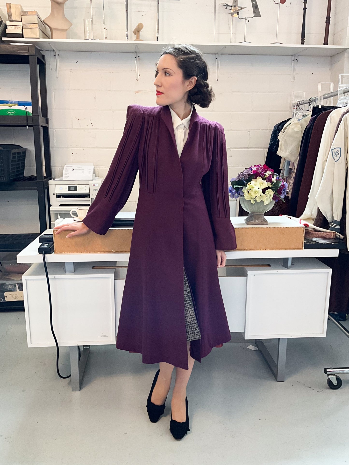 1940s Plum Flared Coat With Pleating And Bell Sleeves , Small