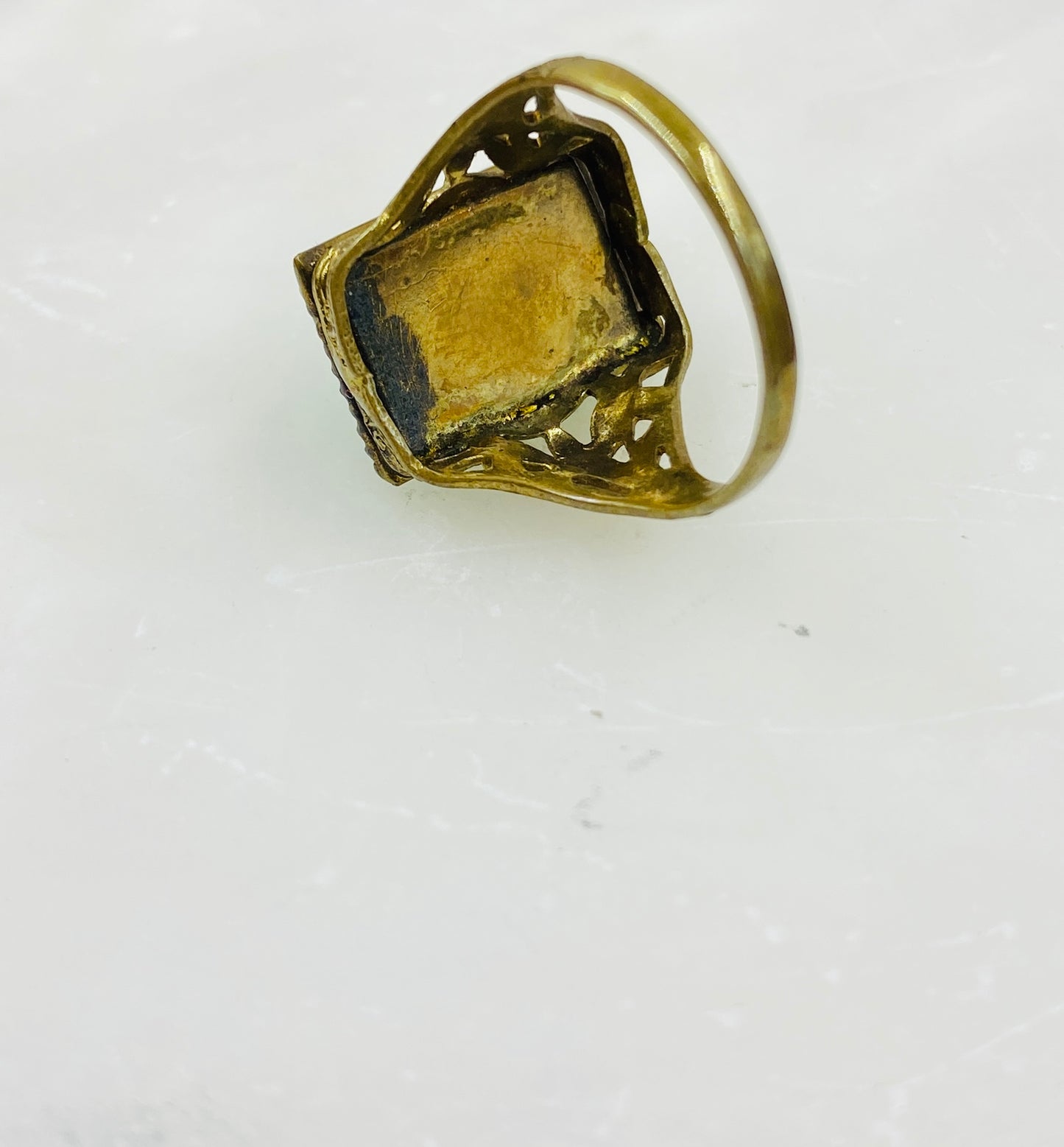 Antique Victorian Green Emerald-Cut Glass Filigree Ring, Size 6