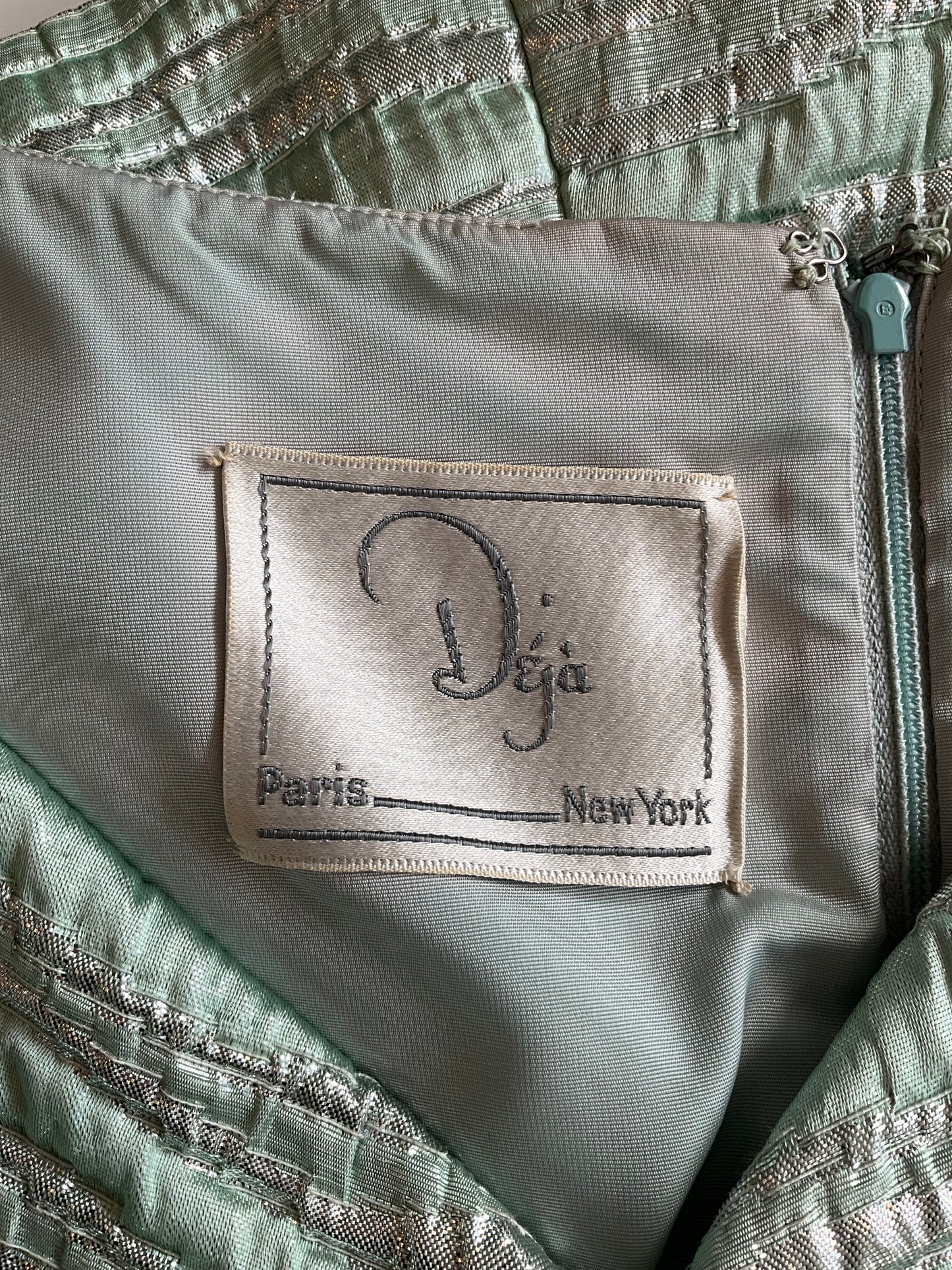 Vintage 1960s Seafoam Green and Silver Lurex Sleeveless Party Dress, Small