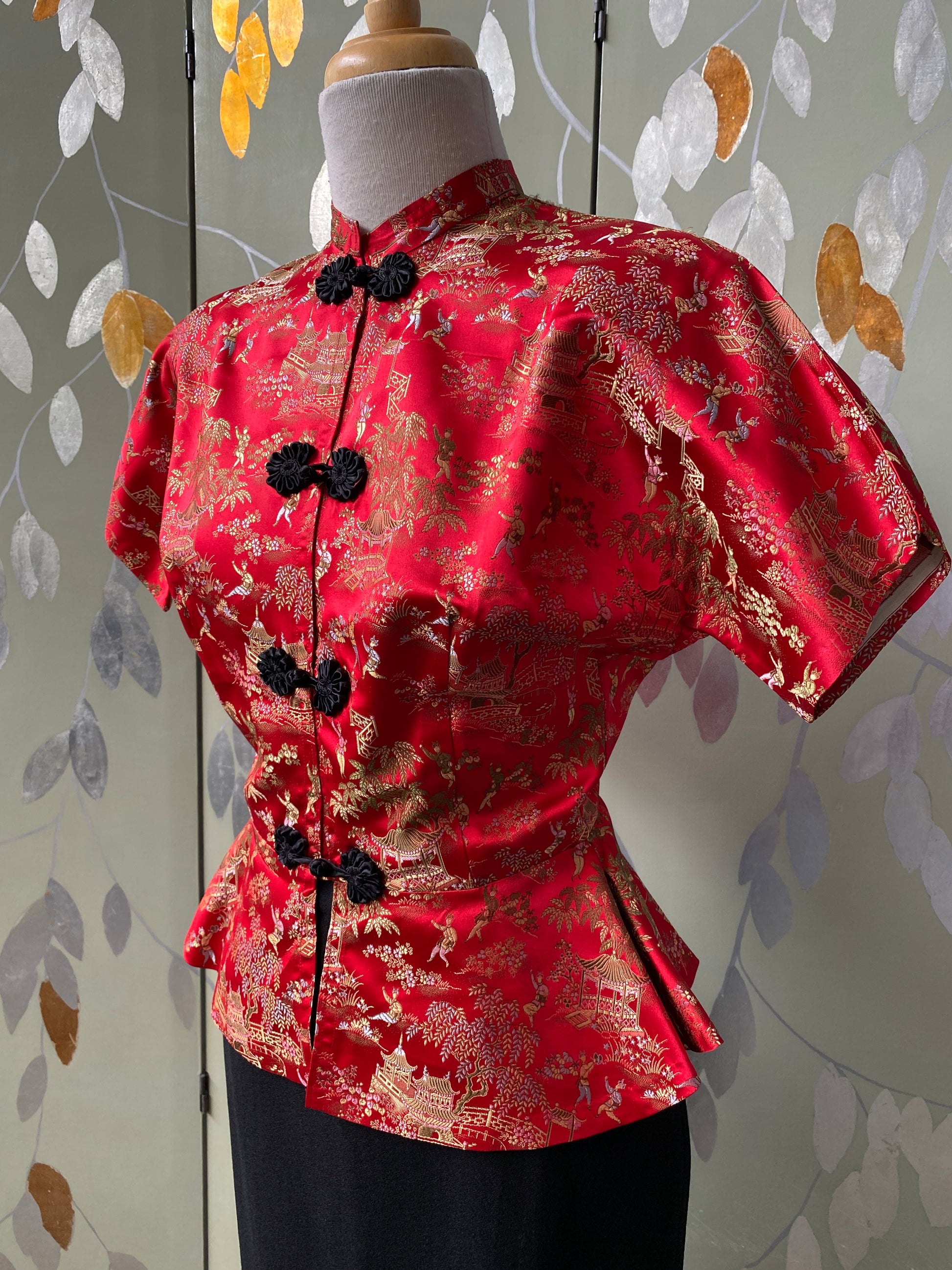 Vintage 1950s Red Satin Cheongsam-Style Blouse, Small