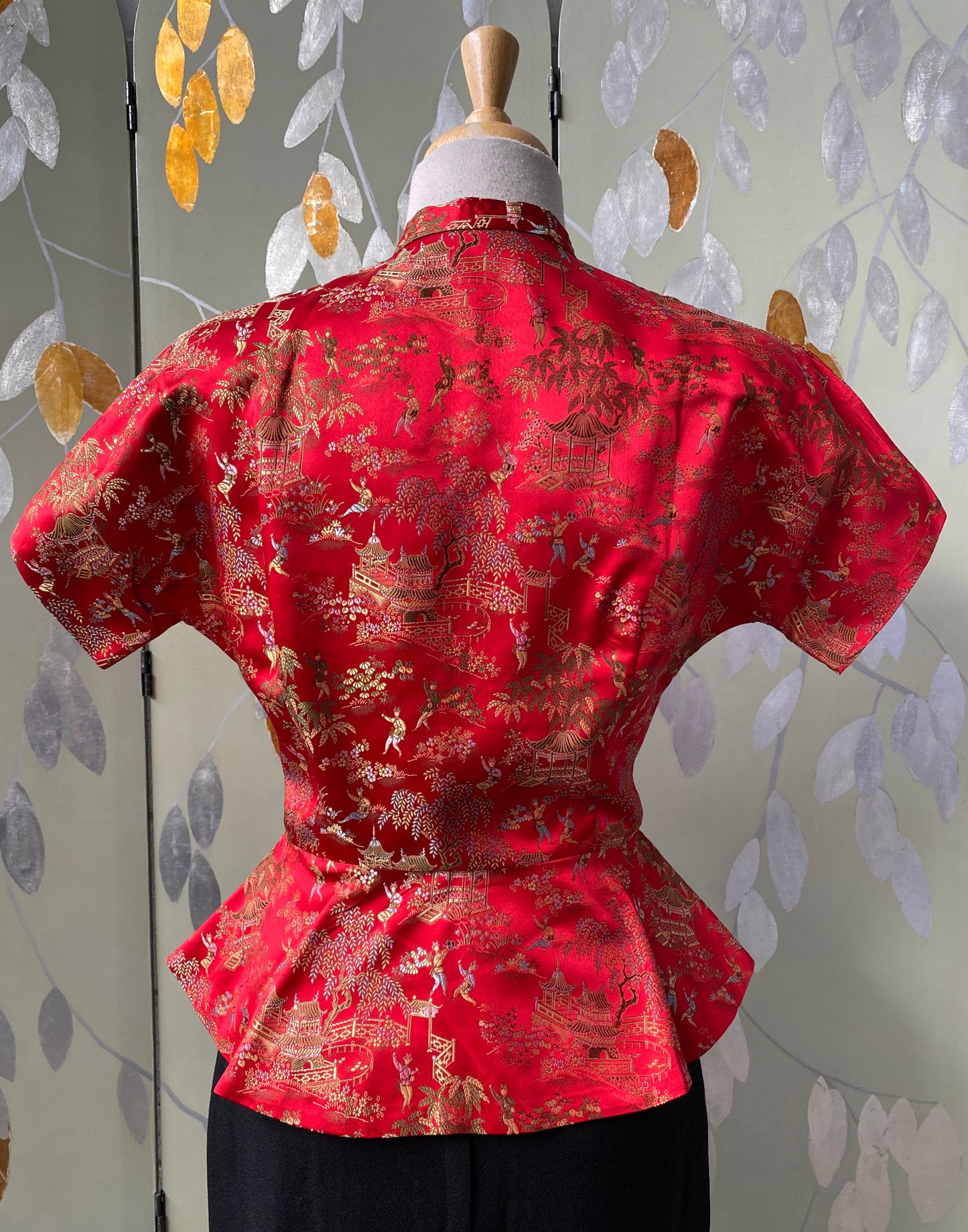 Vintage 1950s Red Satin Cheongsam-Style Blouse, Small