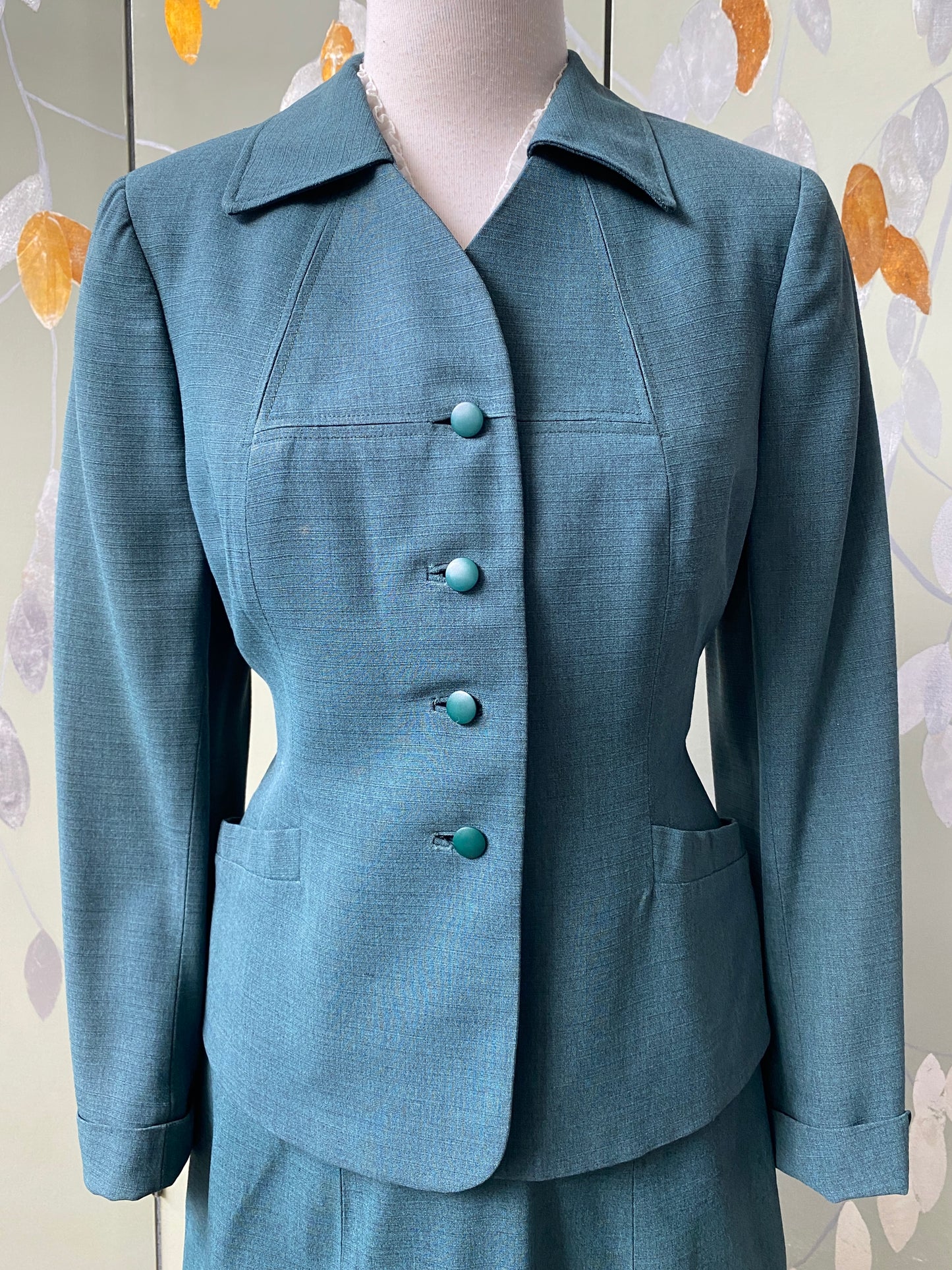 Vintage 1950s Green Skirt Suit, Small 