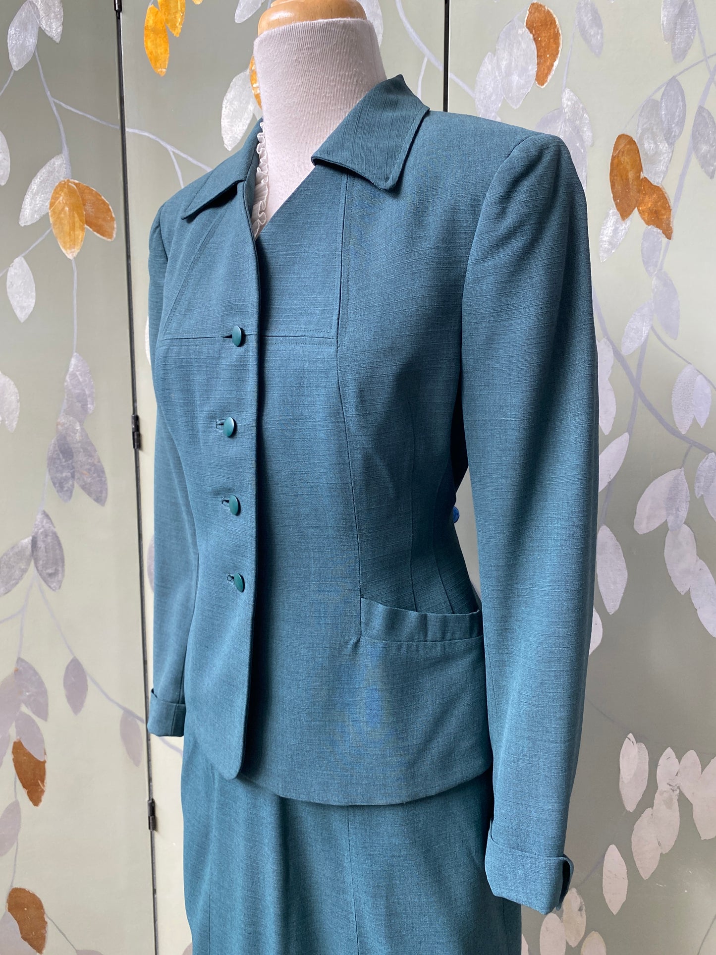 Vintage 1950s Green Skirt Suit, Small 