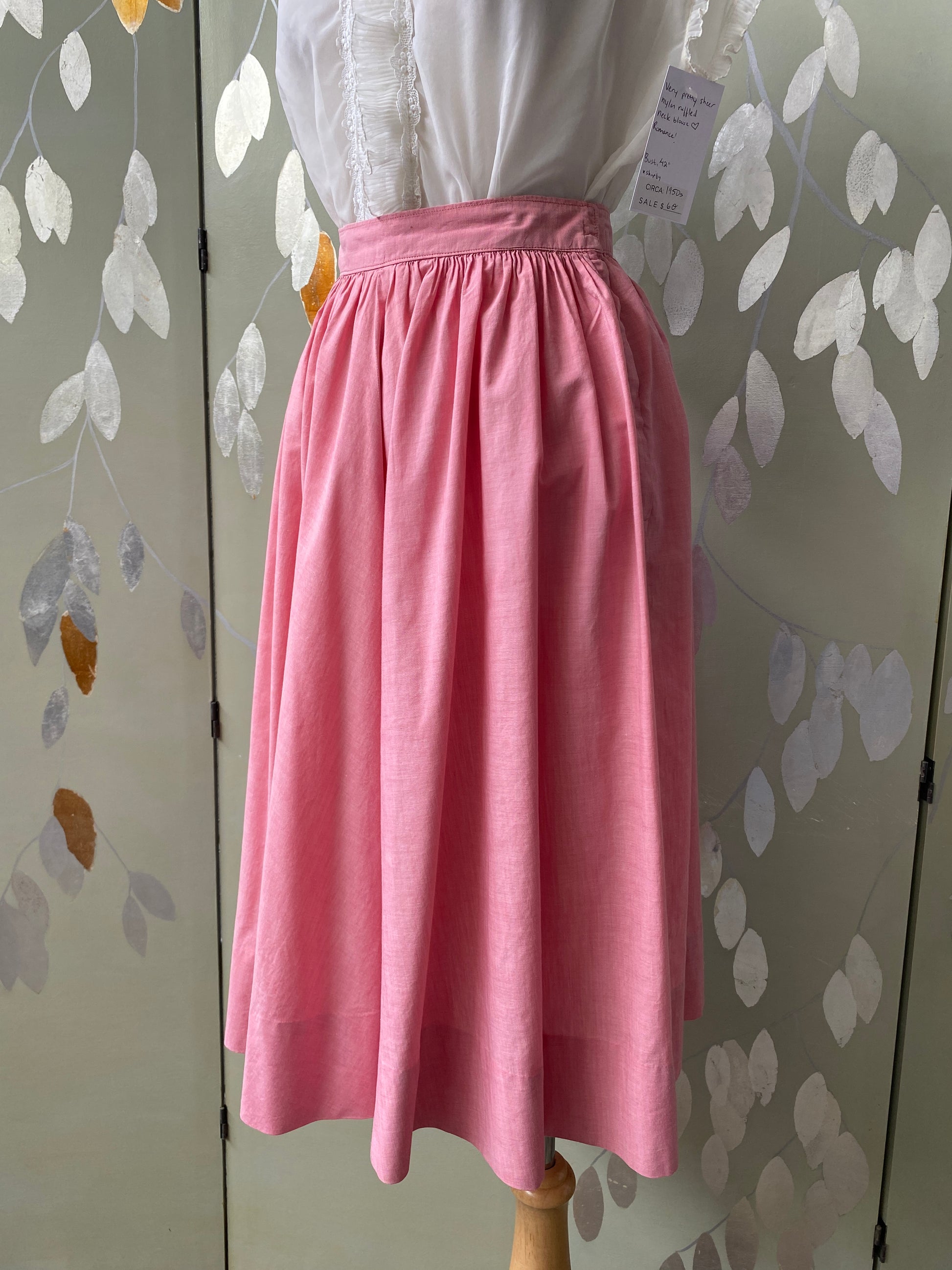 Vintage 1950s Pink Cotton Gathered Skirt, W24"