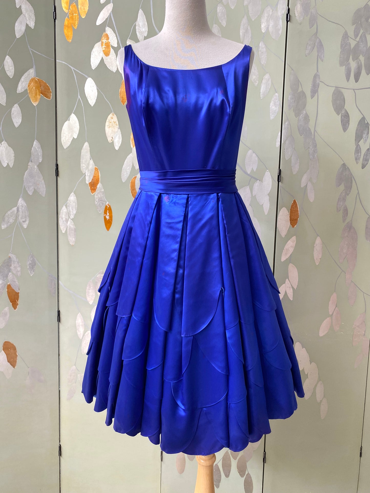 Vintage 1950s Electric Blue Satin 'Junon' Petal-Skirt Evening Dress, W27"