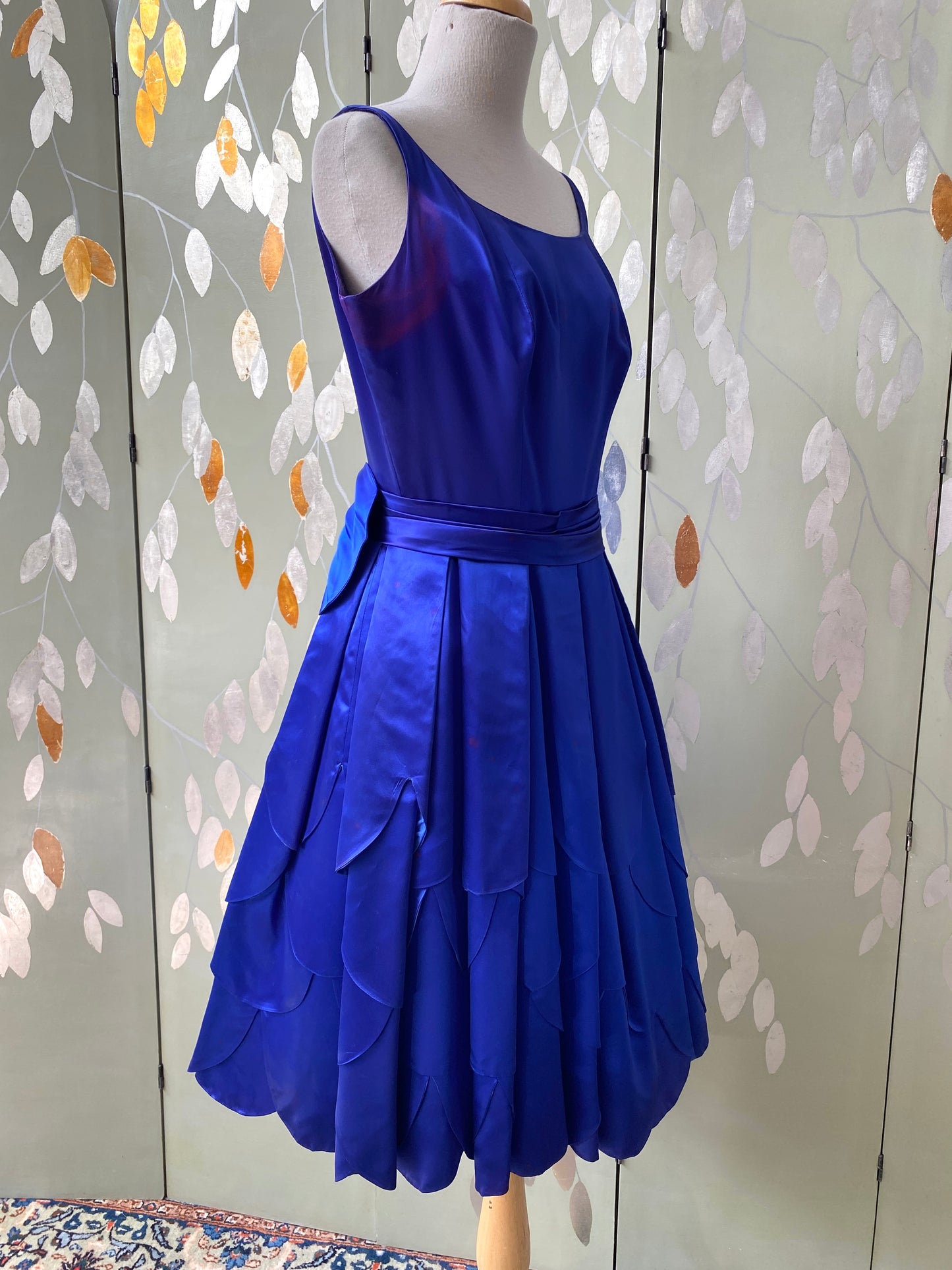 Vintage 1950s Electric Blue Satin 'Junon' Petal-Skirt Evening Dress, W27"