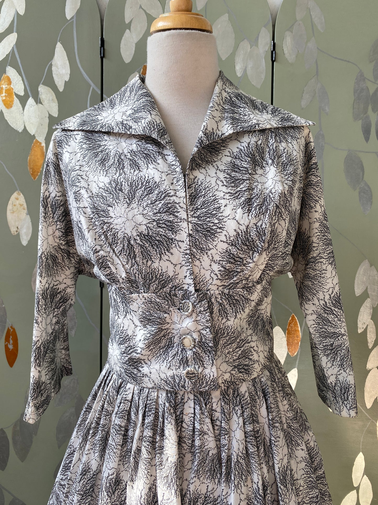 Vintage 1950s Black & White Cotton Print Dress & Bolero Jacket Set, M-L