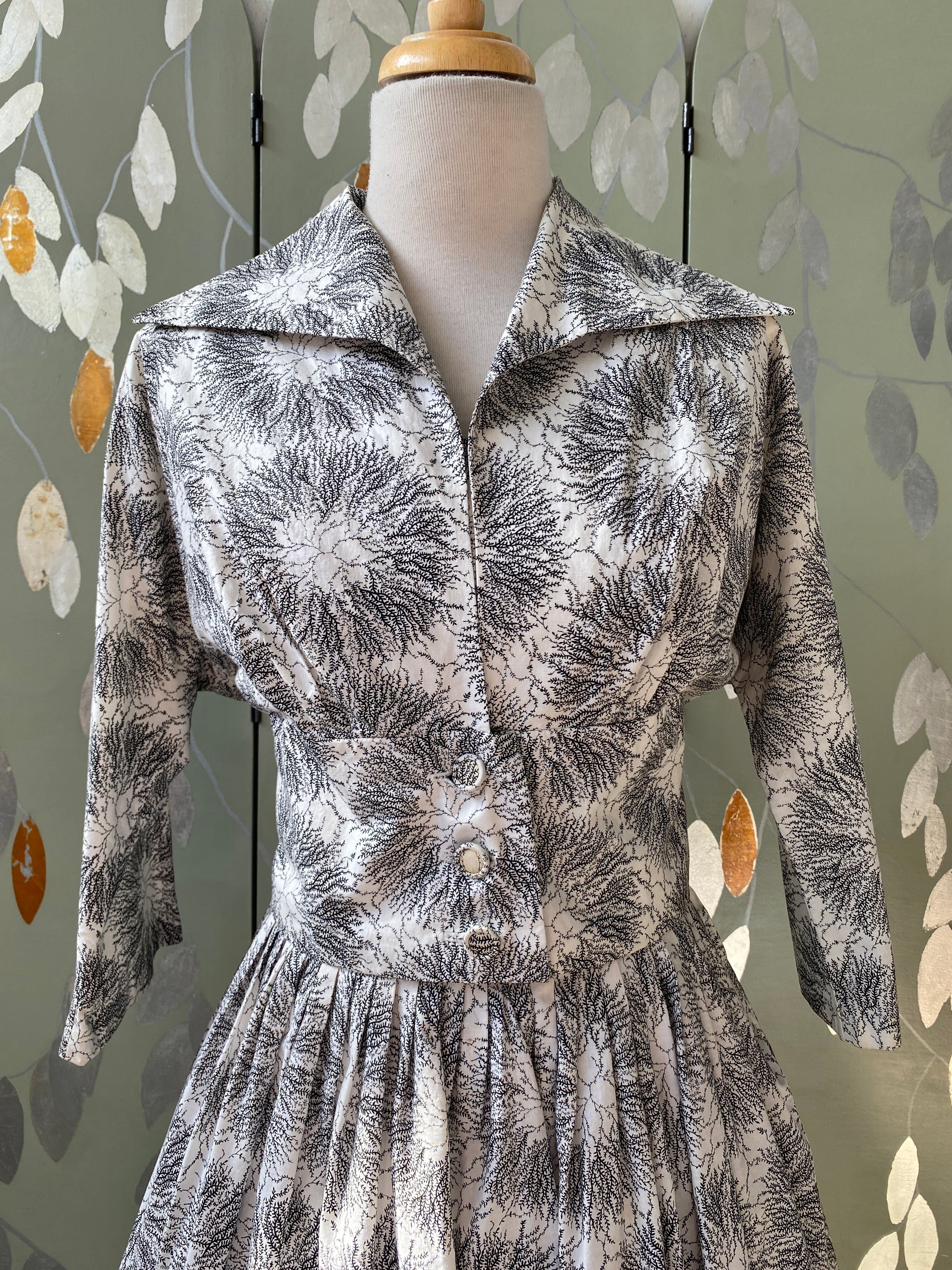 Vintage 1950s Black & White Cotton Print Dress & Bolero Jacket Set, M-L