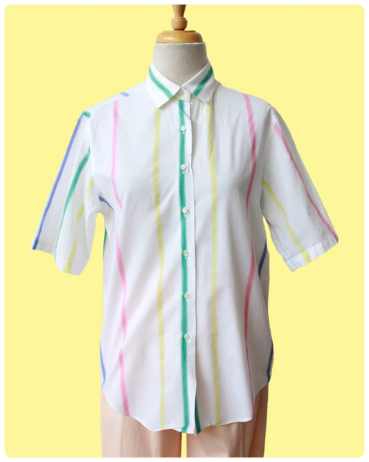 Vintage 80s Rainbow Stripe White Button Down Shirt, M/L