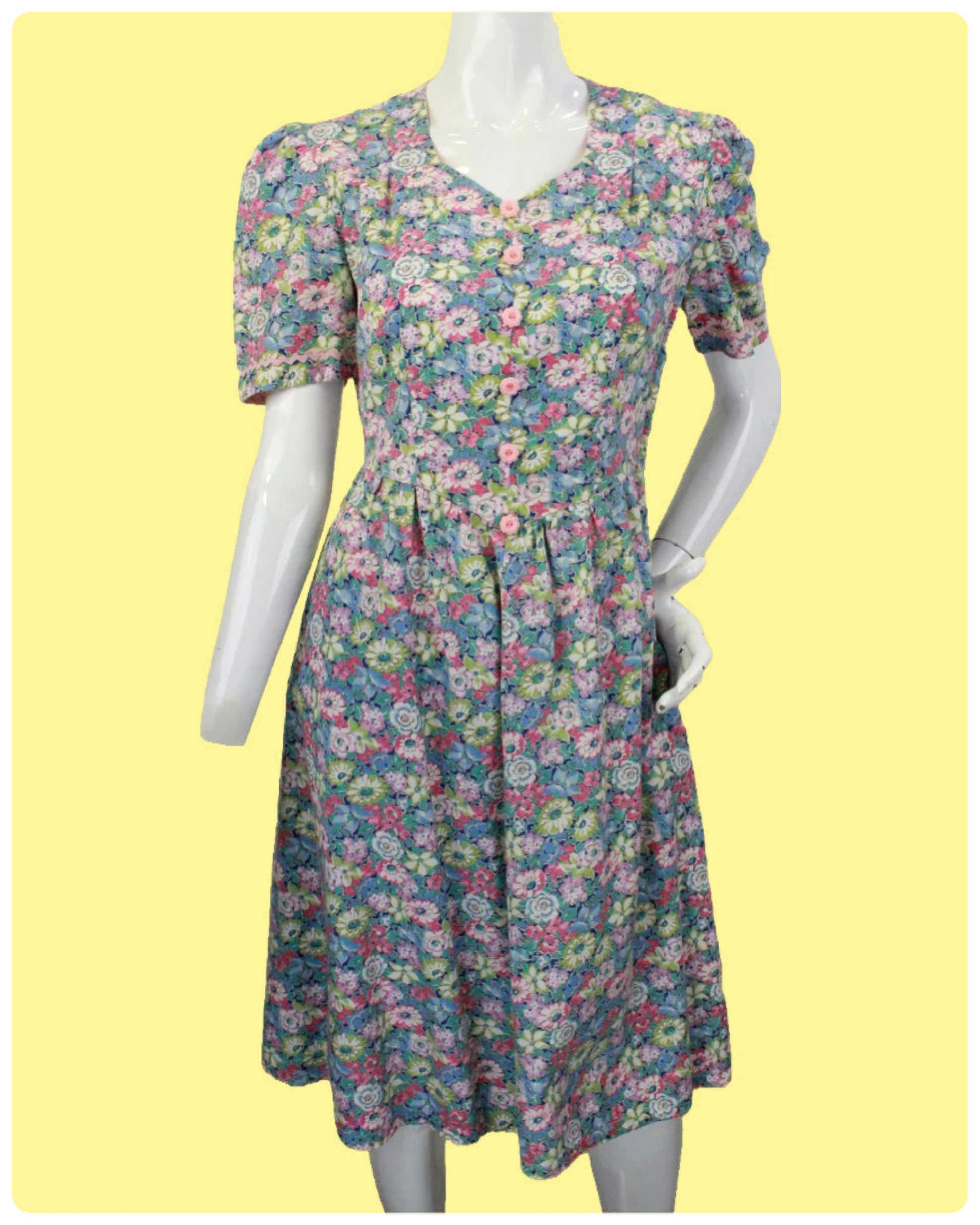 1950s Blue Floral Print Cotton Puff Sleeve Dress, Medium