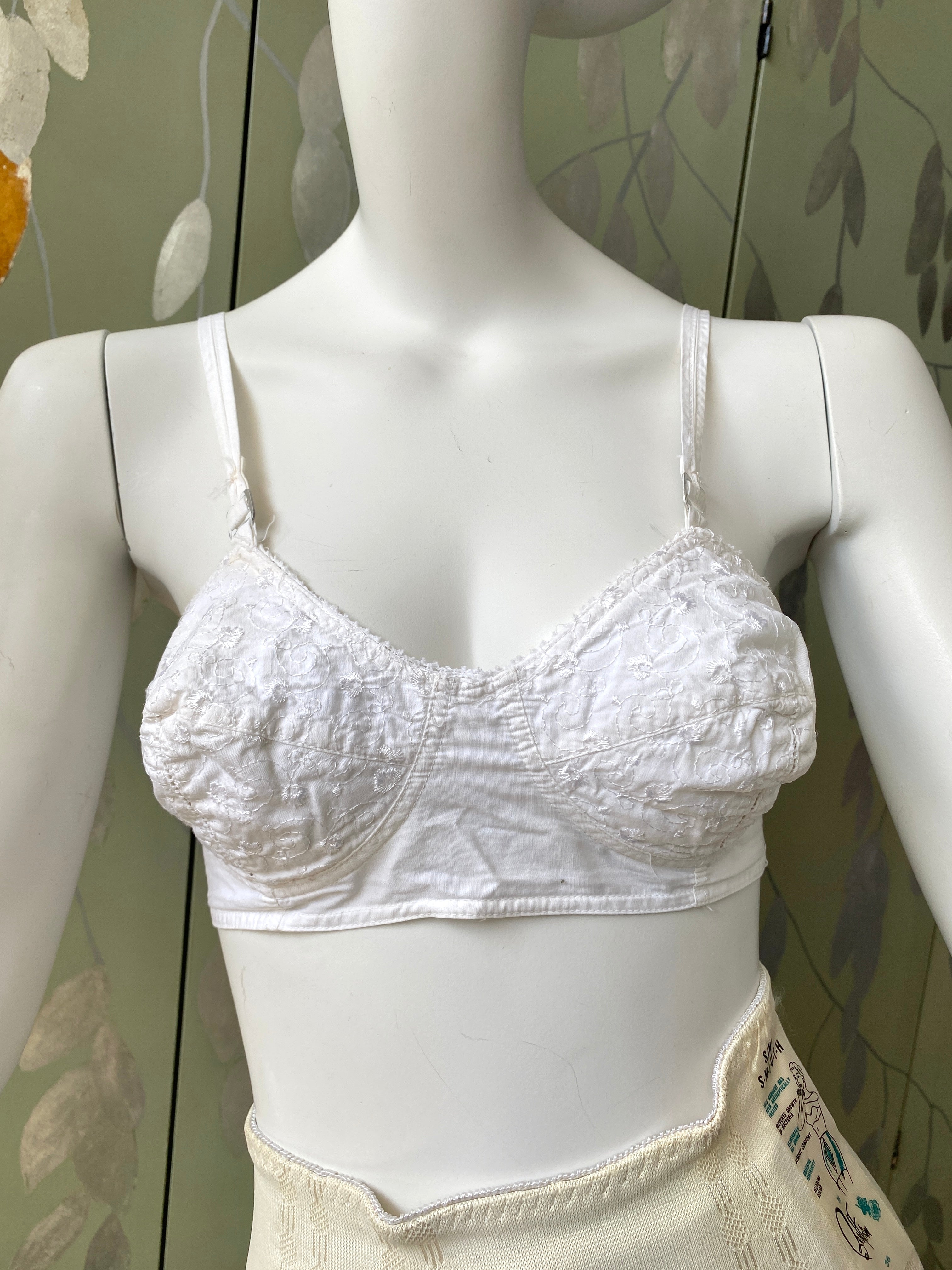 Vintage 1950s Butterfly Embroidery White Cotton Cone Bralette, x2