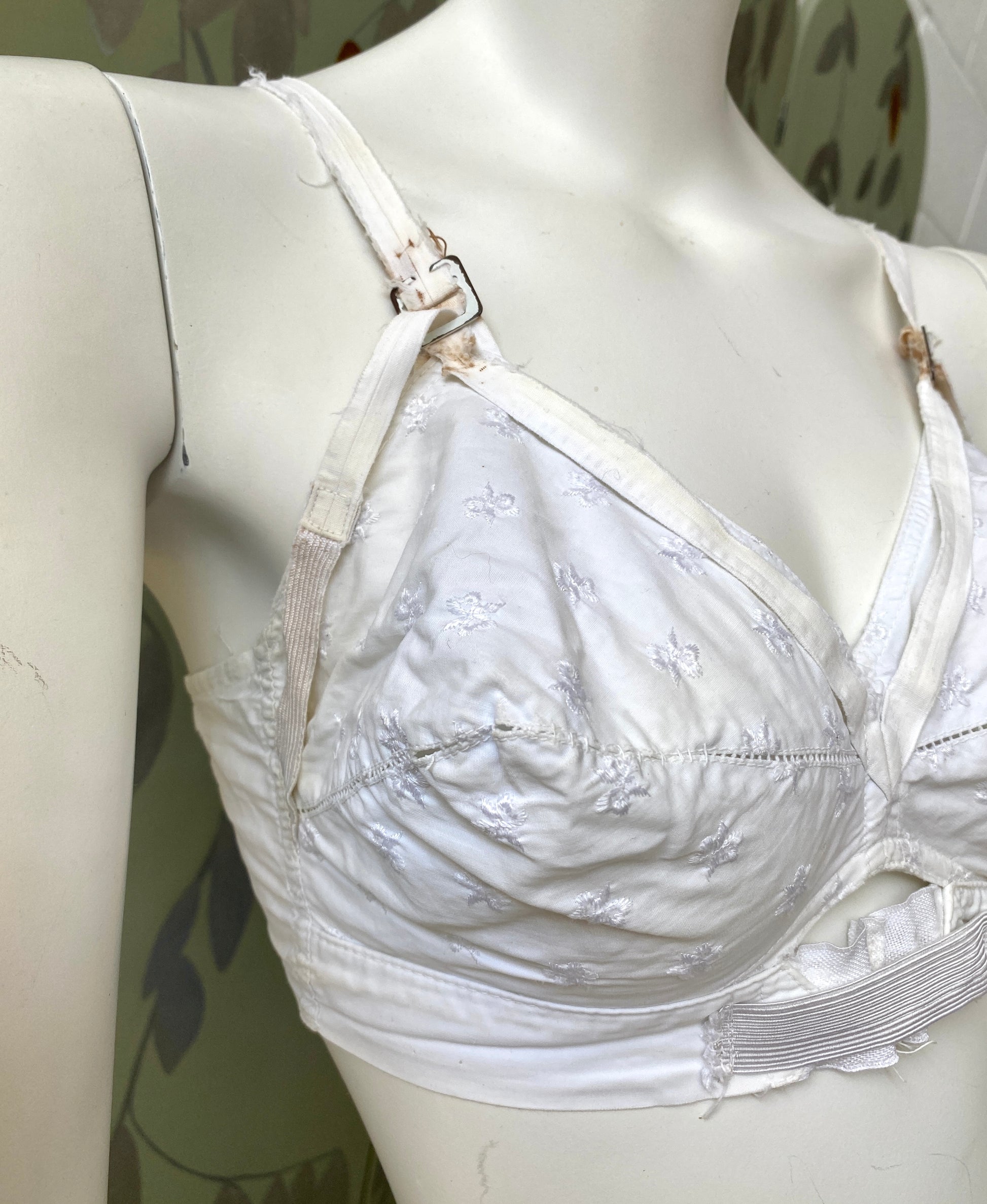 Vintage 1950s Butterfly Embroidery White Cotton Bullet Bralette, x2 
