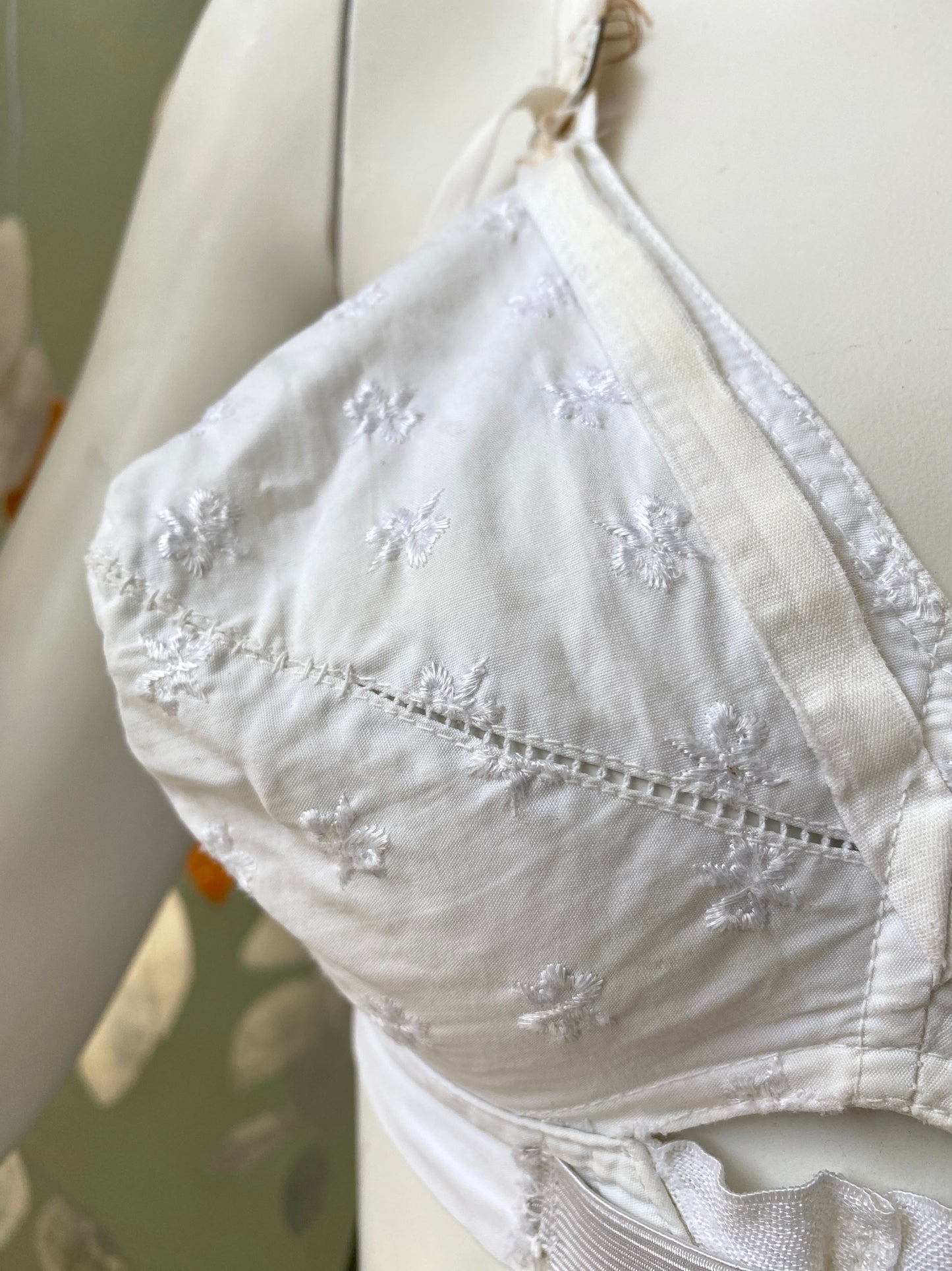 Vintage 1950s Butterfly Embroidery White Cotton Bullet Bralette, x2 