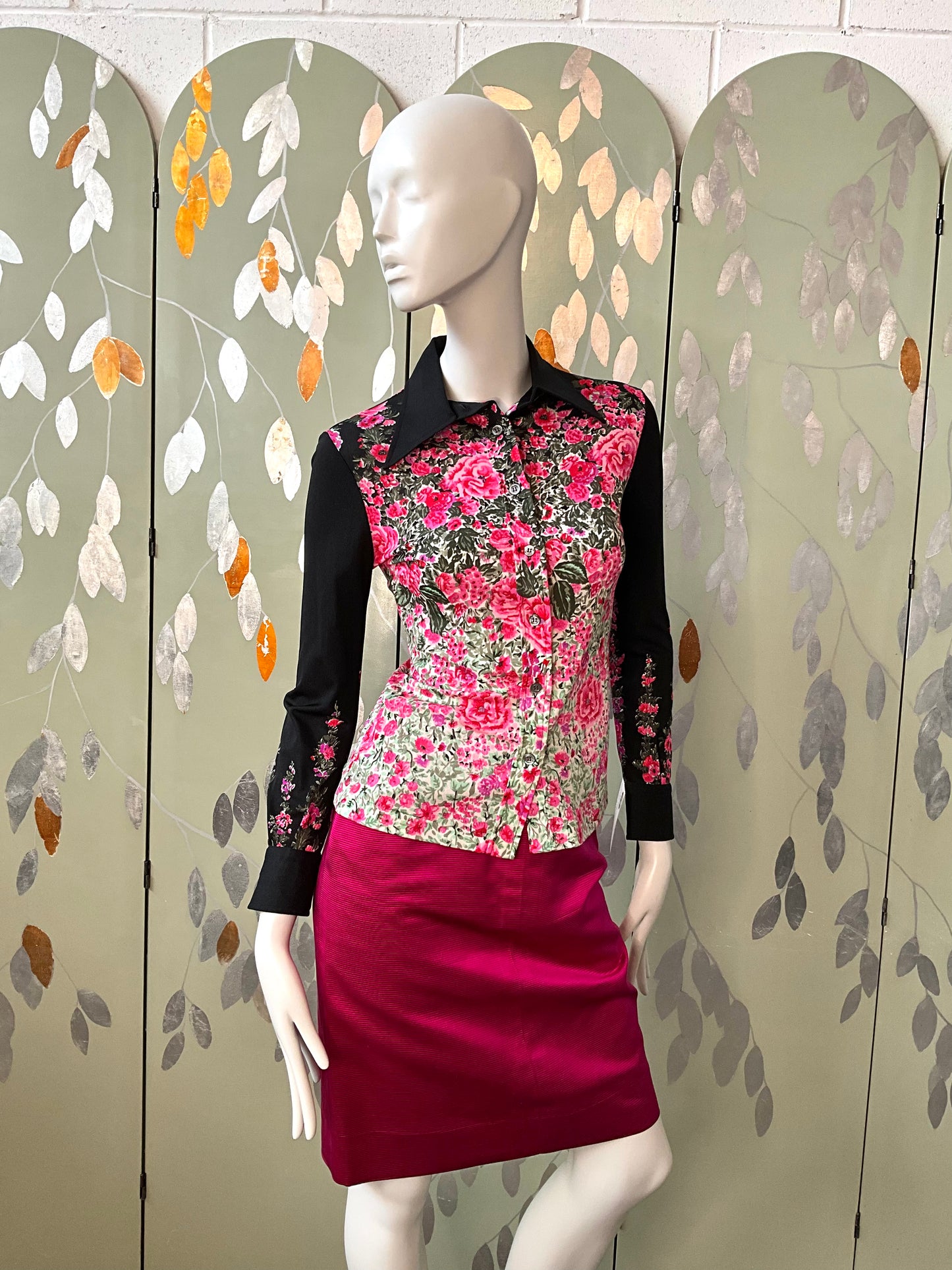 Vintage 1970s Pink and Black Floral Silk Jersey Blouse, Made in Italy, Small